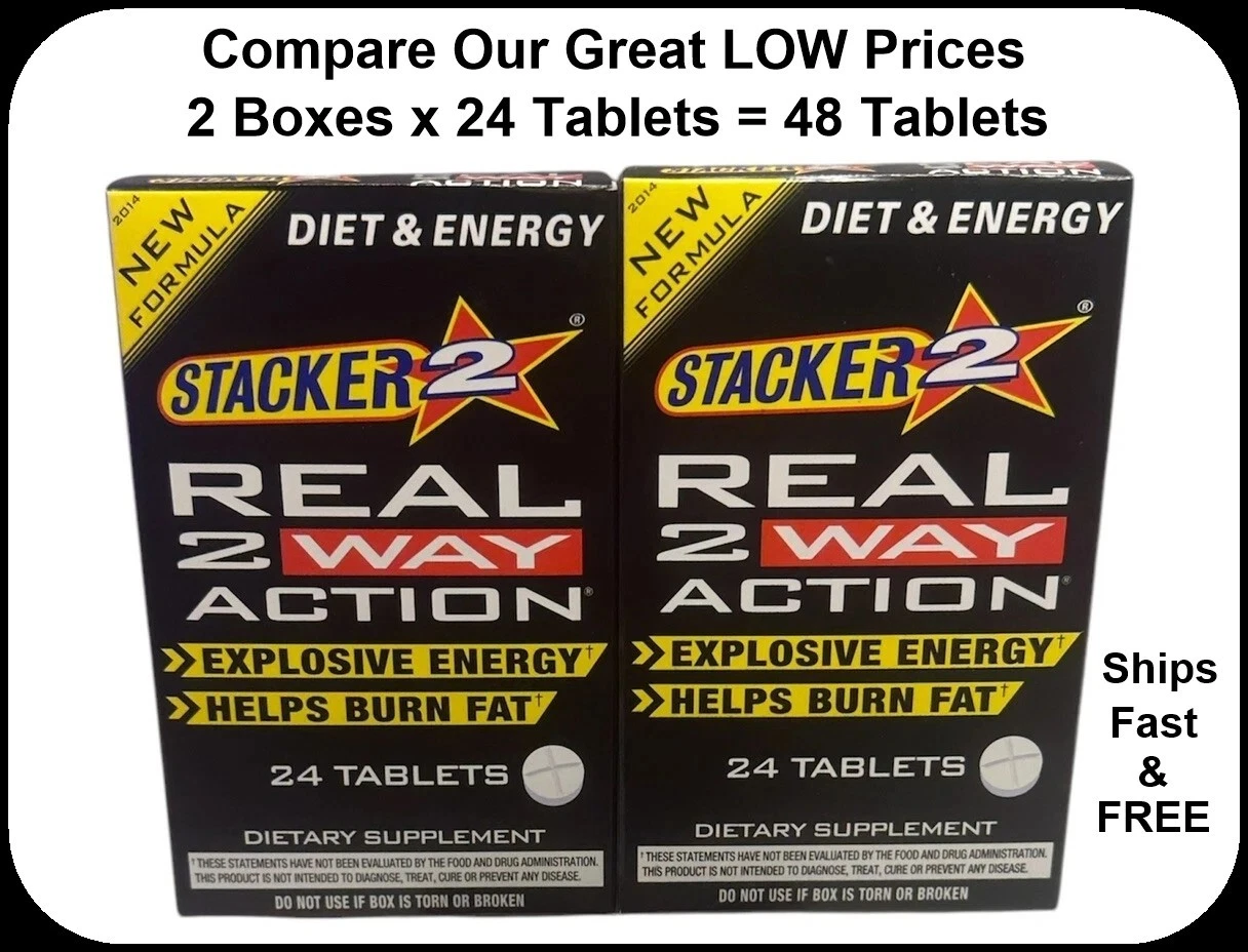 Stacker Real 2 Way Action Booster - 2 Boxes=48Tablets -Energy-Burns Fat-Exp 2/27