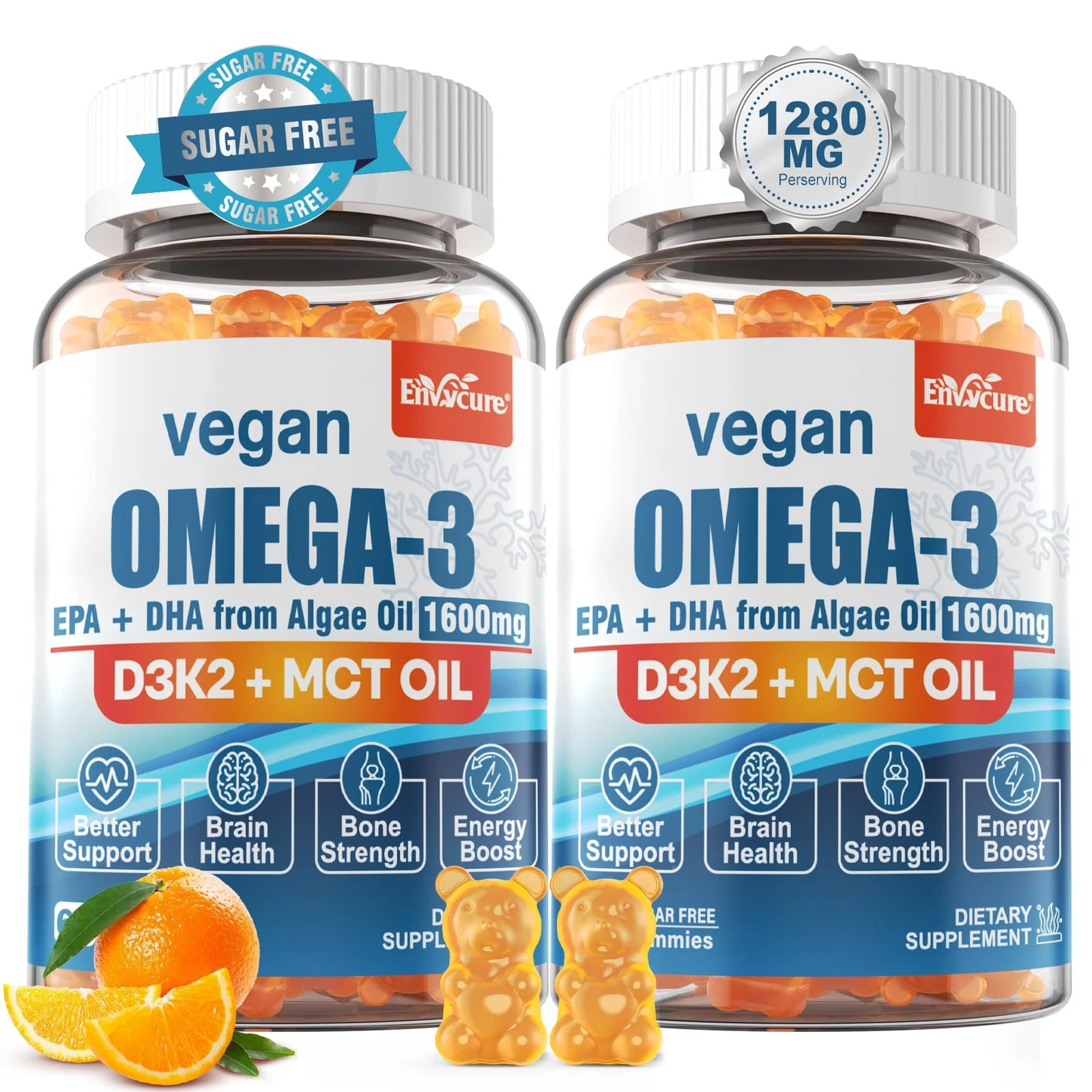 Vegan Omega 3 Gummies 1280mg + Vitamin D3 K2 (MK7), Omega 3 Fish Oil Alternative