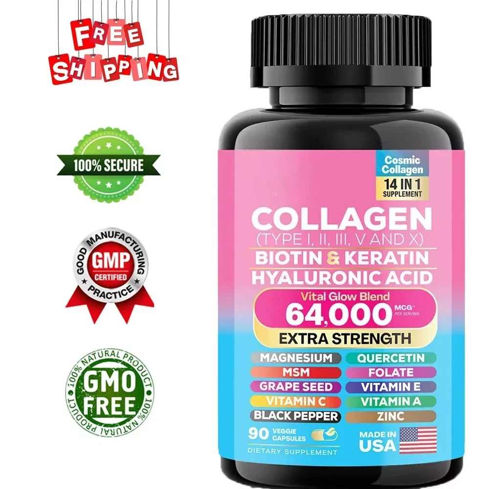 90pcs Multi Collagen Peptides-Type I,II,III,V,X Anti-Aging Collagen Caps