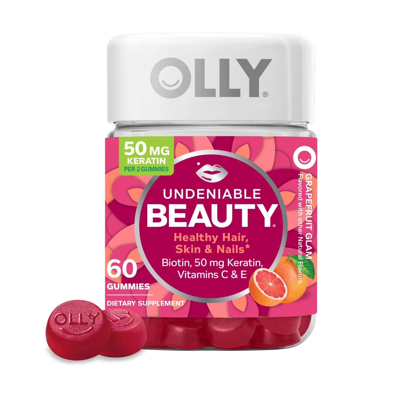OLLY Undeniable Beauty Gummy, Supplement for Hair, Skin, Nails, Grapefruit 60 Ct