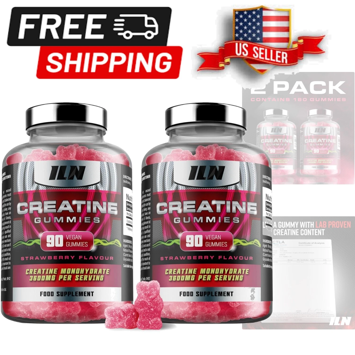 Convenient Strawberry Creatine Gummies - 180 Vegan Bears for Men & Women