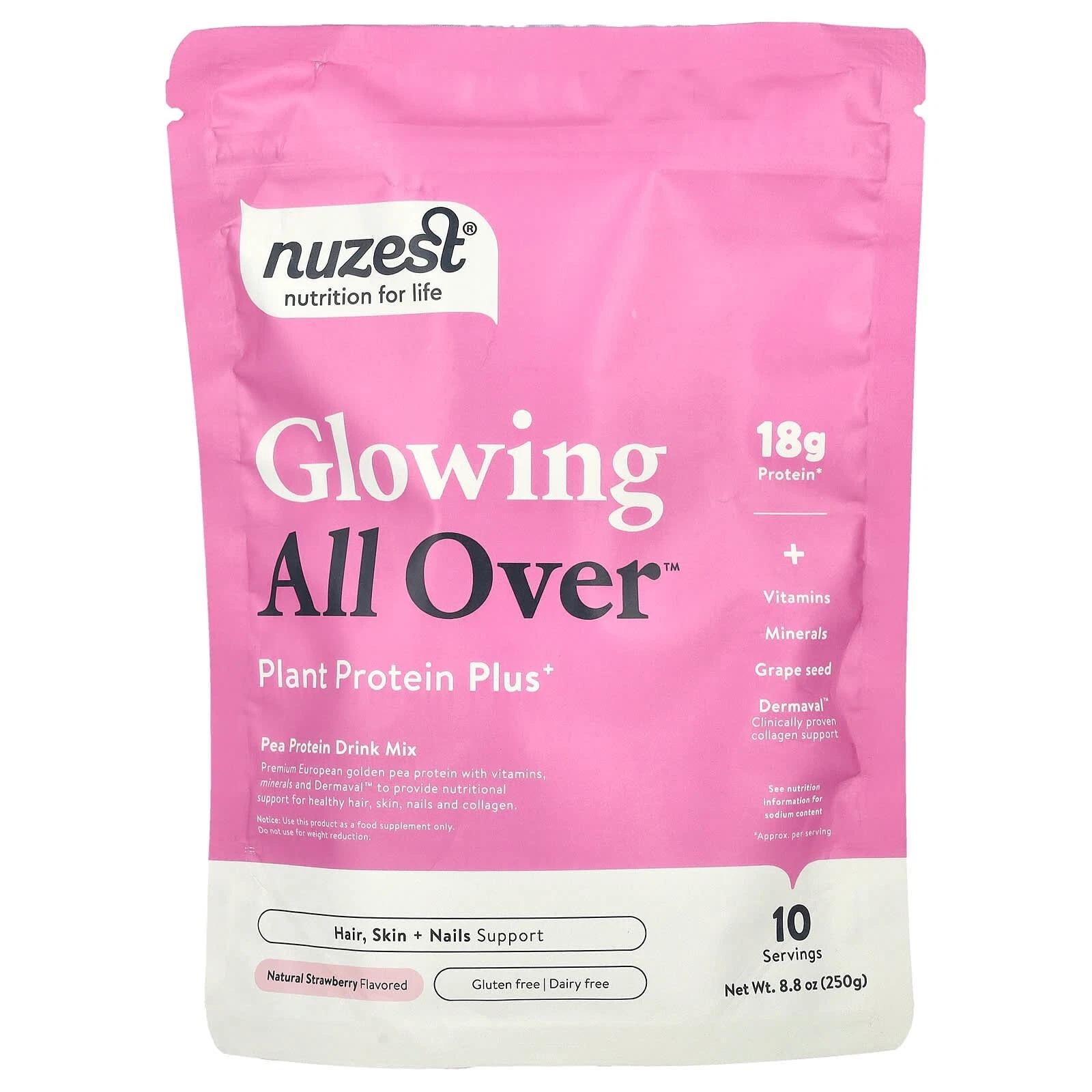 Nuzest Glowing All Over, Plant Protein Plus+, Natural Strawberry Powder 250g