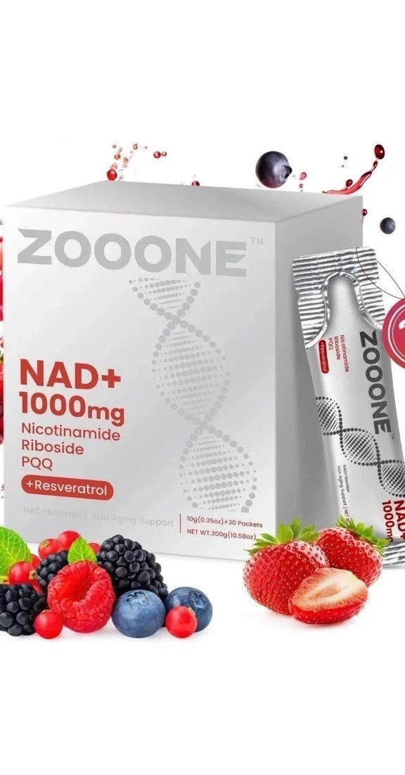 Box ZOONE NR1000 NAD+ Drink Mix Berry Energy & Skin S, 30 Pack Exp 2/27 USA