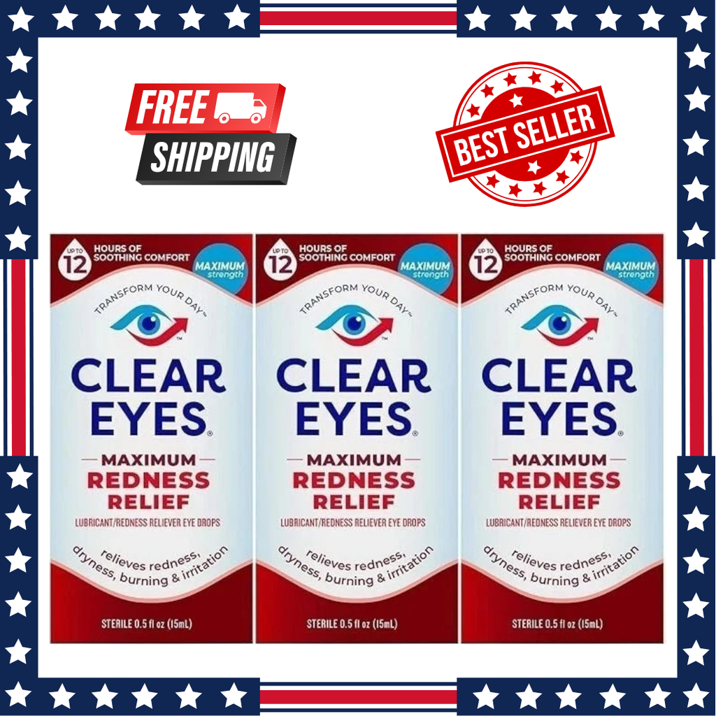 Clear Eyes Maximum Redness Eye Relief Eye Drops, 0.5 Fl Oz, Pack of 3