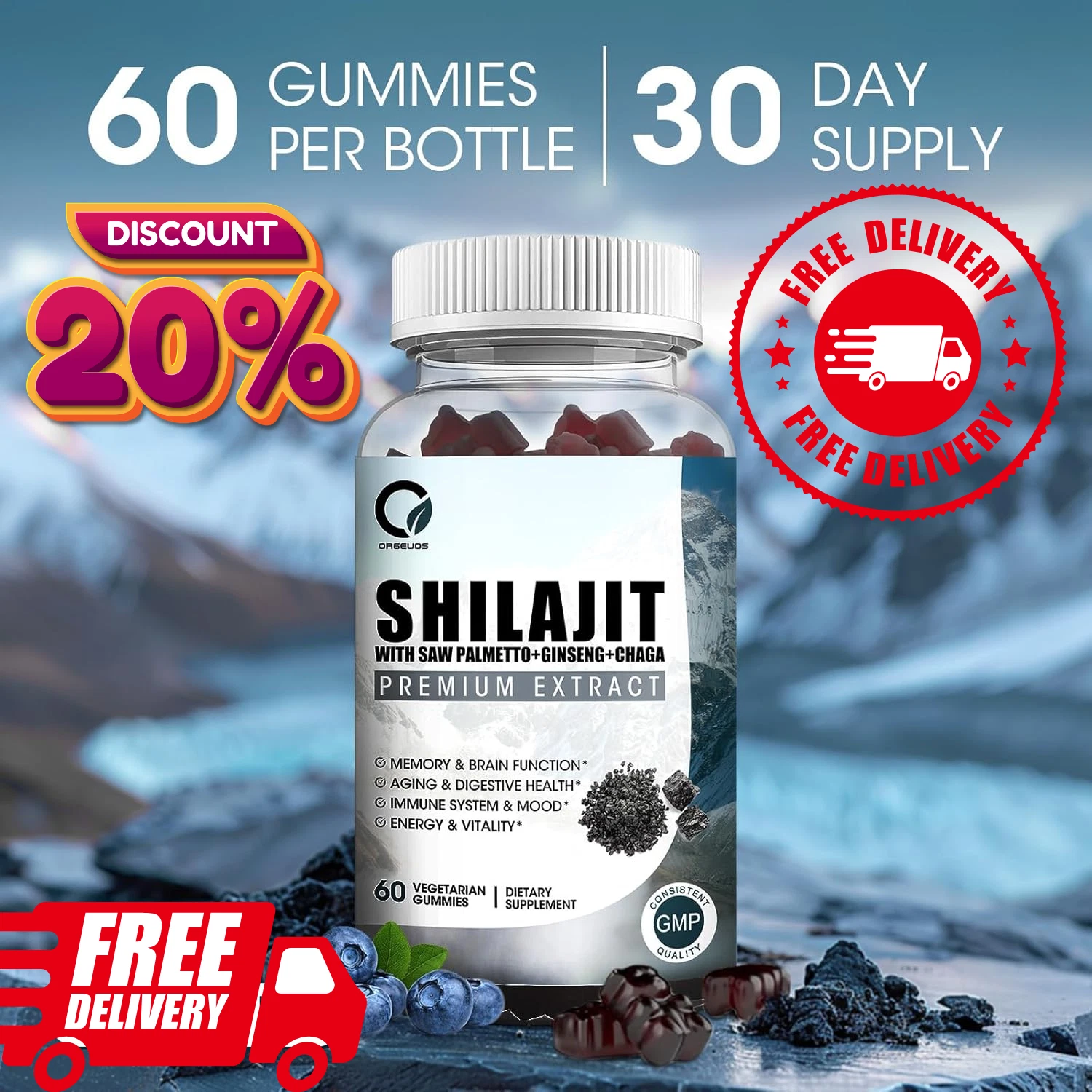 Pure 100% Himalayan Shilajit Gummies with 85+ Trace Minerals & Fulvic Acid