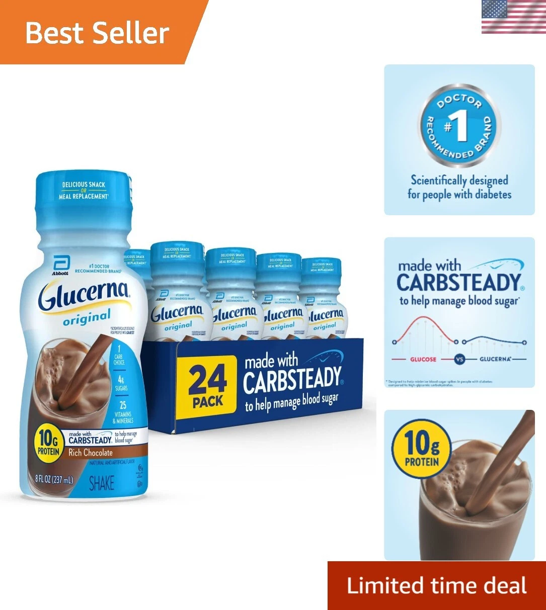 Convenient Diabetic Meal Replacement Shake - 10g Protein, Gluten-Free, 8 fl oz