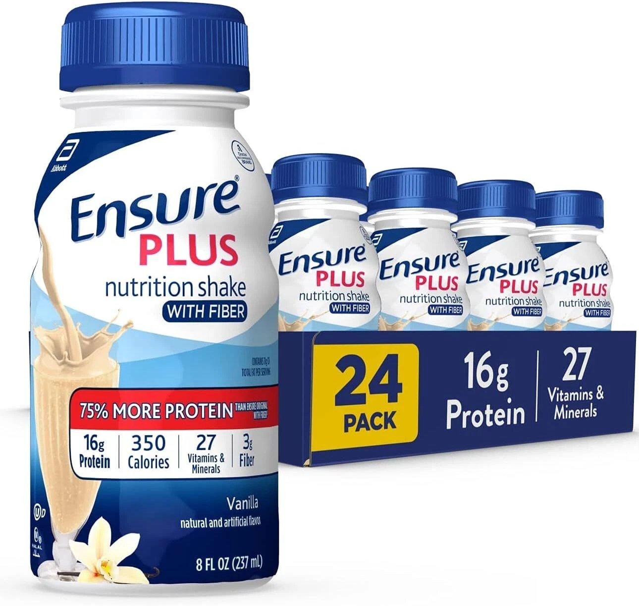 (24 Pack) Ensure PLUS Vanilla Nutrition Shake with Fiber, Meal Replacement, 8oz