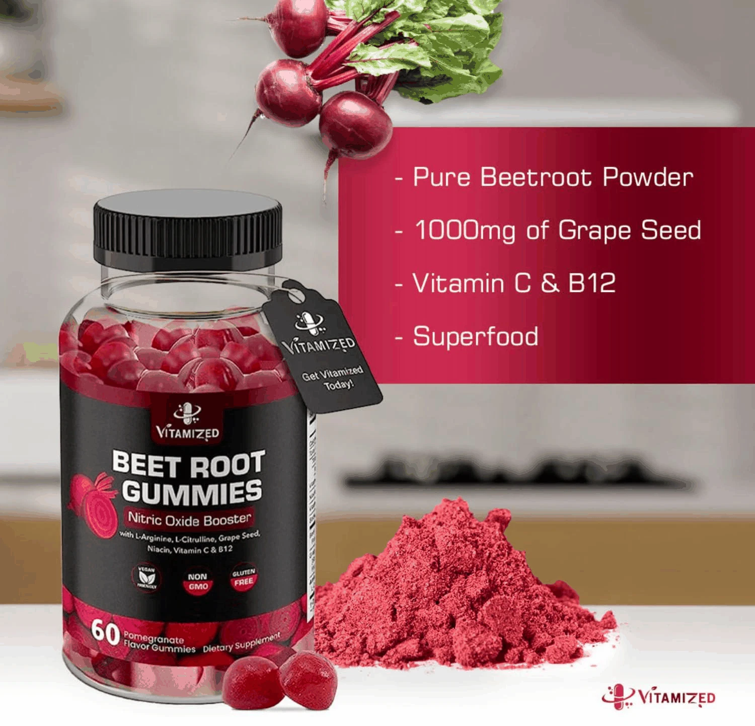 Beet Root Gummies Super Nitric Oxide Beets Supplement 60 Chewables Red Beetroot
