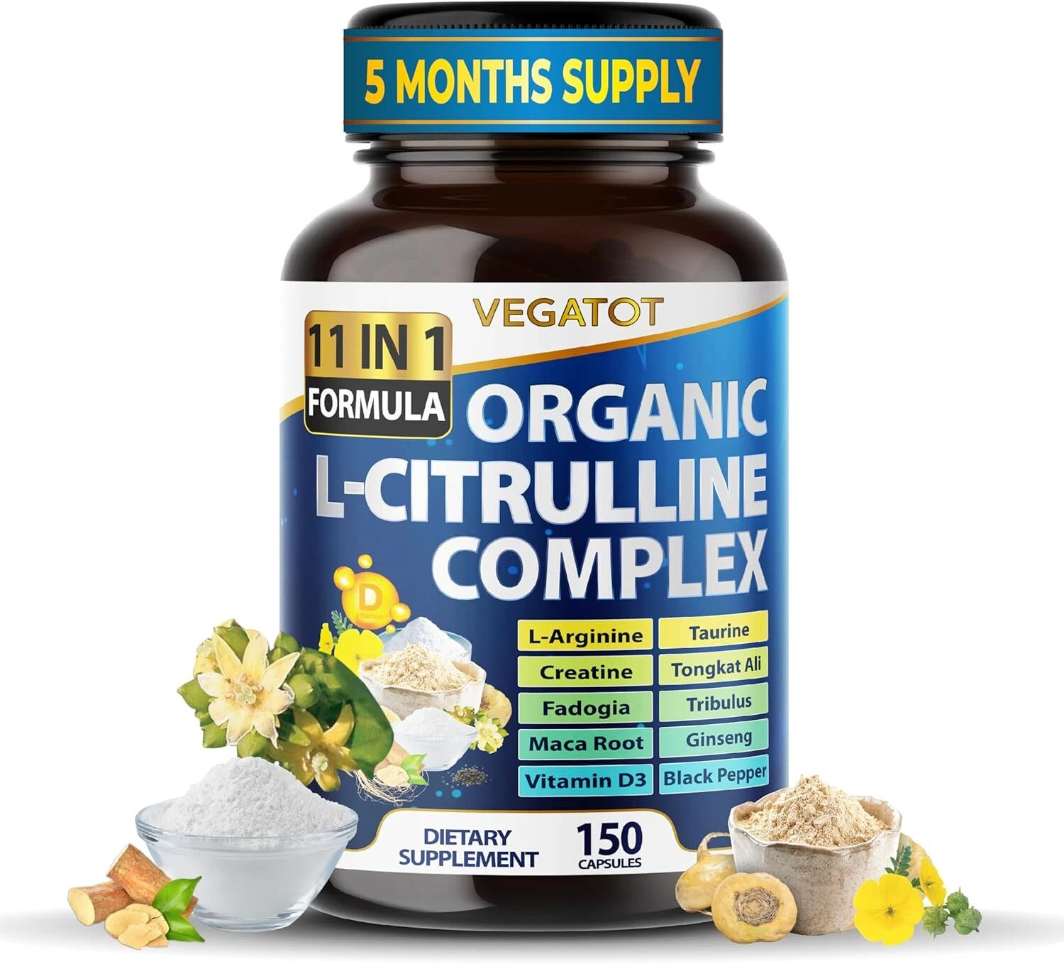 VEGATOT Organic L-Citrulline Complex 7,500mg - 11IN1 Formula L-Arginine, Taurine