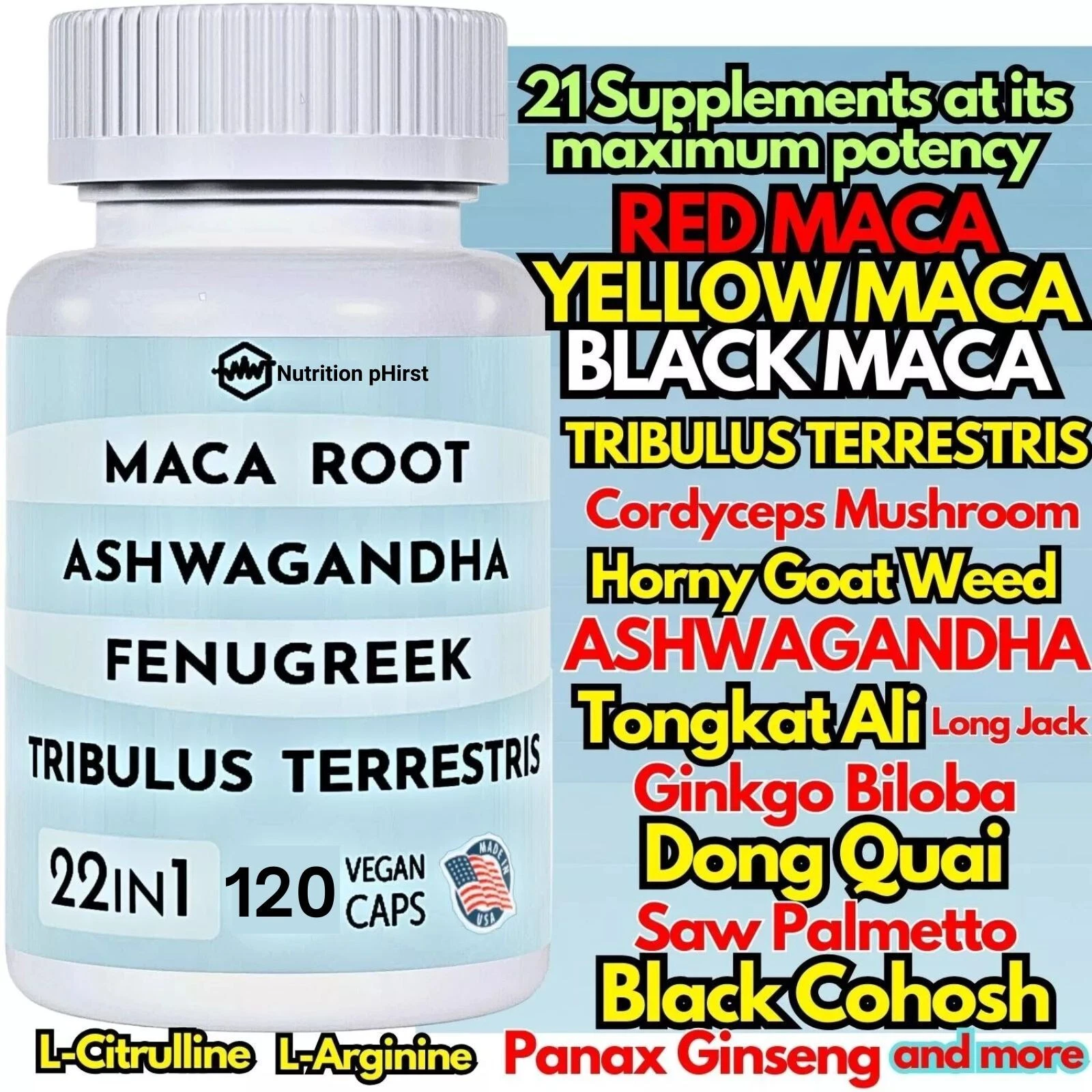 22 in 1 Max Potency Maca Root Blend Goat Weed Tongkat Ginkgo Tribulus 8520mg USA