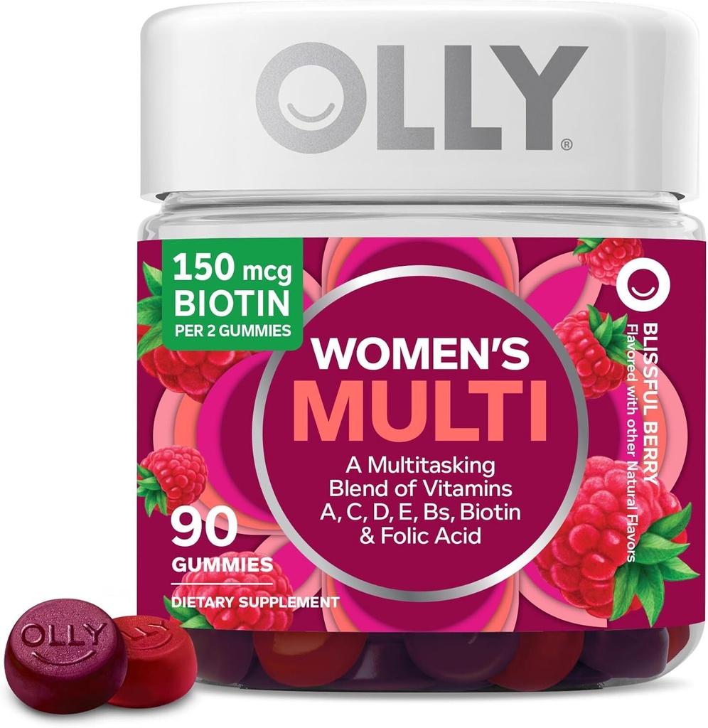 OLLY Women’s Multivitamin Gummies – 90 Ct, A-D-C-E, Biotin, Berry Flavor