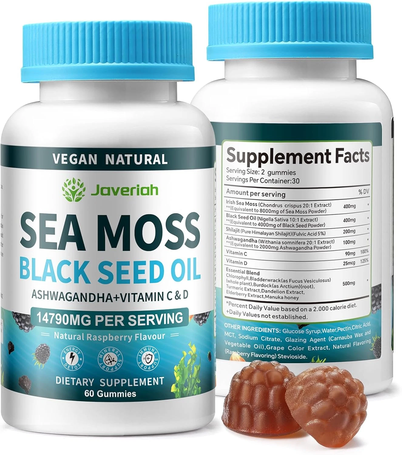 Vegan Ashwagandha Sea Moss Gummies - Black Seed Oil, Vitamin C&D for Immune Supp
