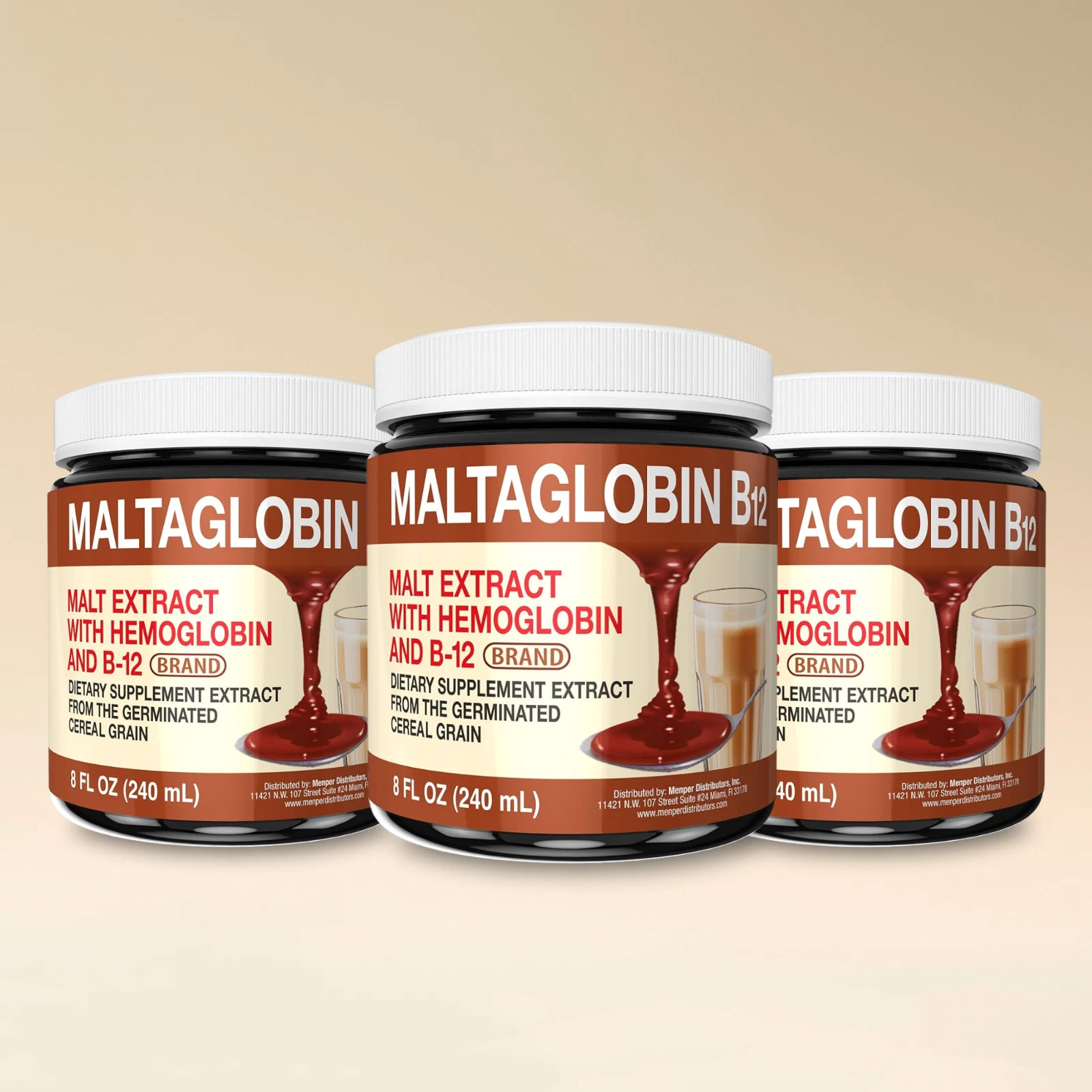 Menper Maltaglobin B12, 8oz - Malt Extract with Iron & Vitamins (3-Pack)
