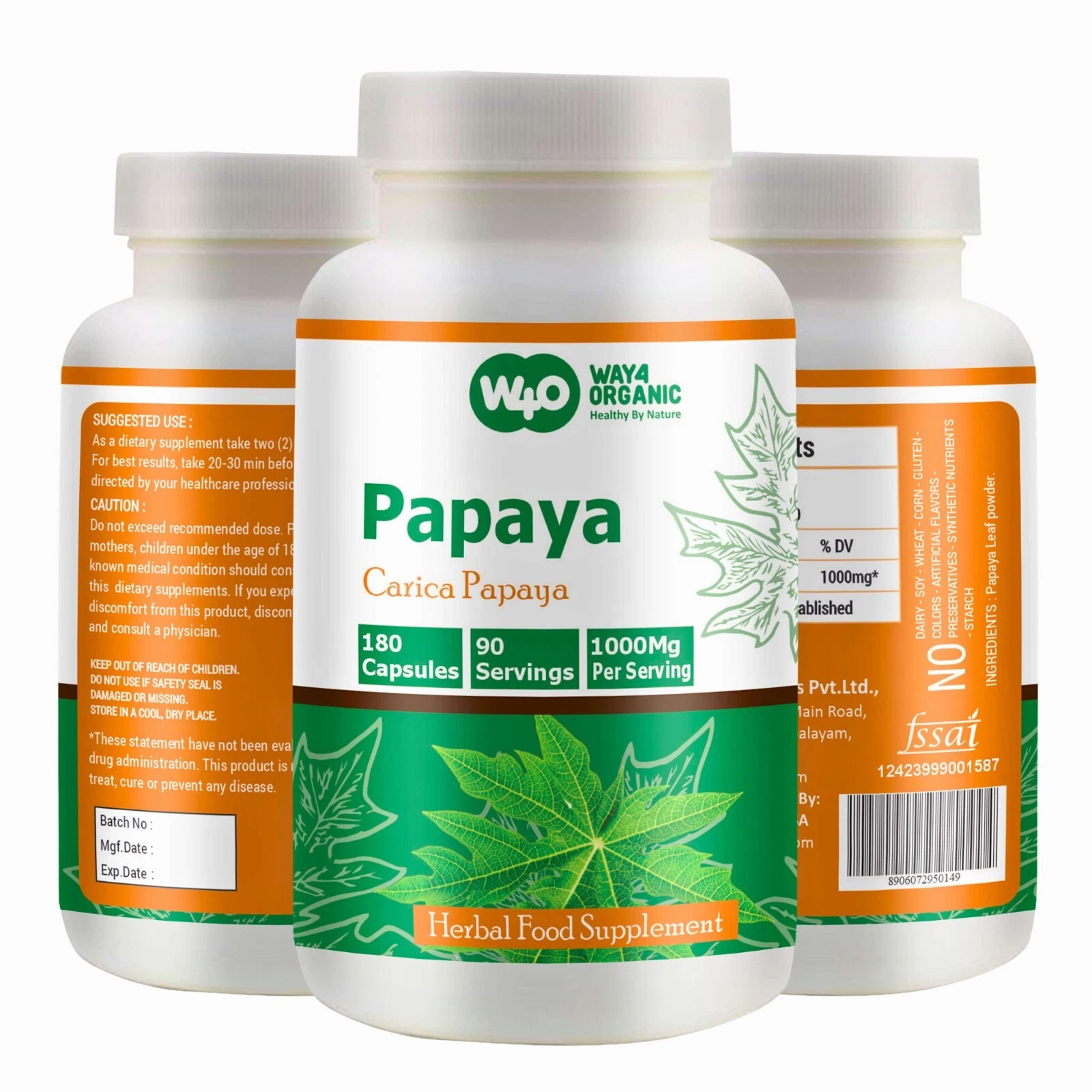 Papaya Leaf Extract Capsules - 180 Pills, 90 Servings, 1000 mg