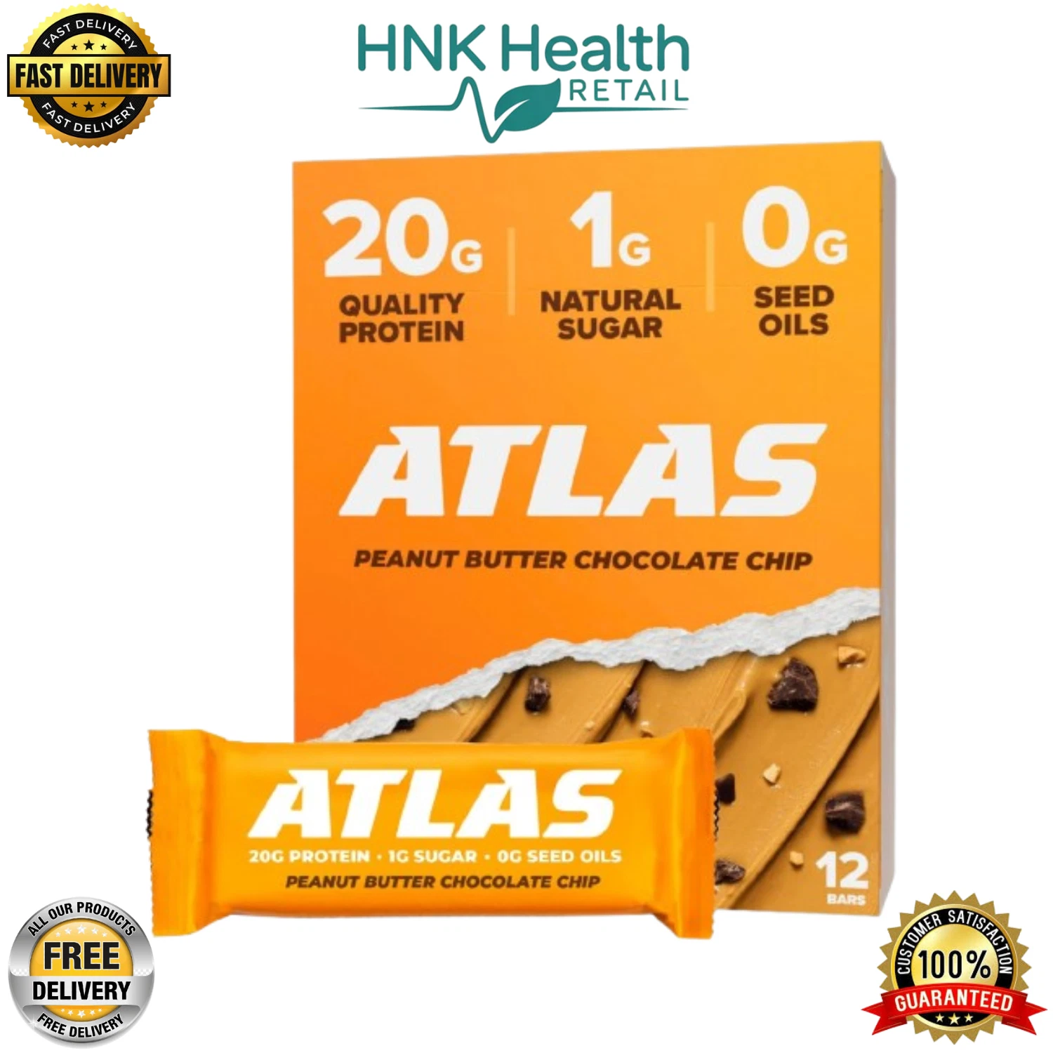 Atlas Protein Bar – 20g Clean Protein – Peanut Butter Chocolate Chip (12 Count)