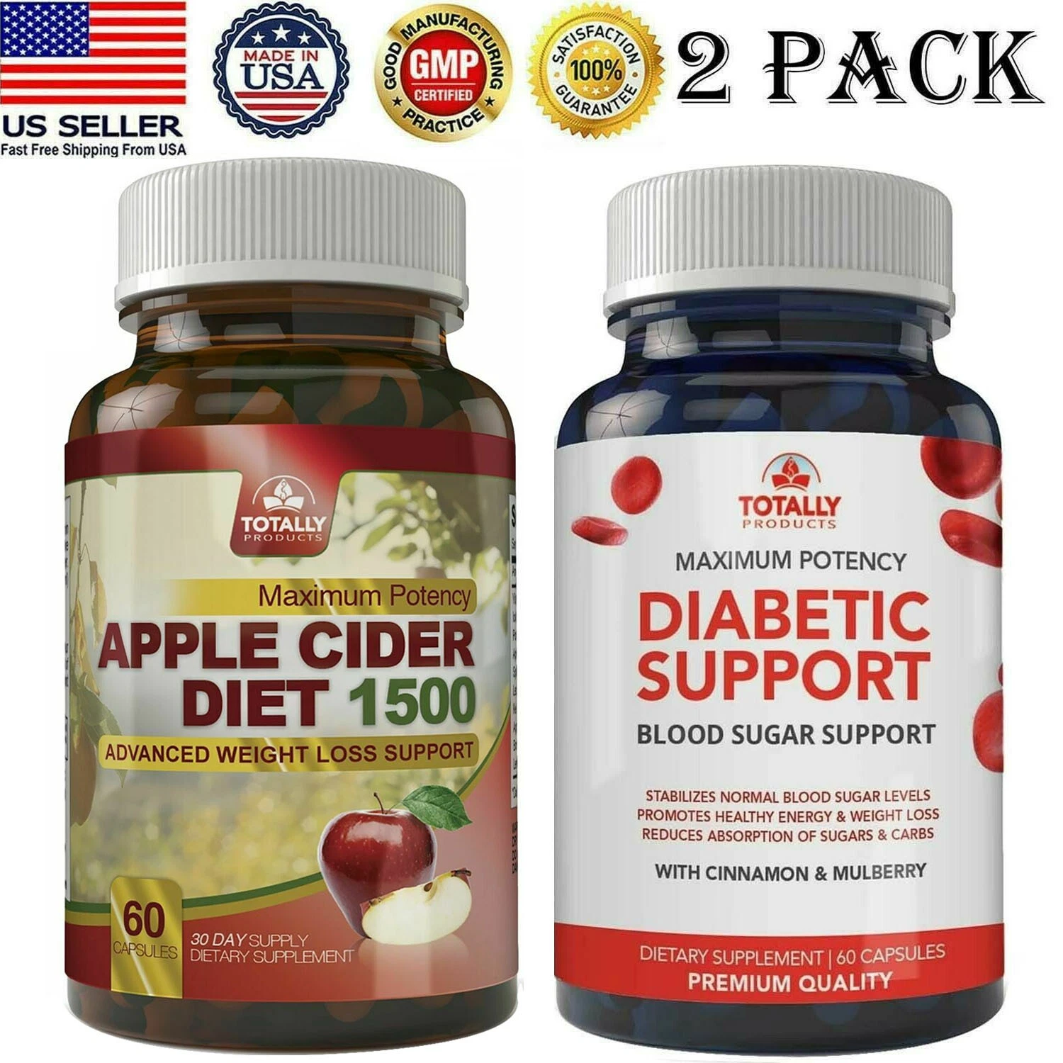 Apple Cider Vinegar Weight Loss Caps Support Blood Sugar Supplement 2pk