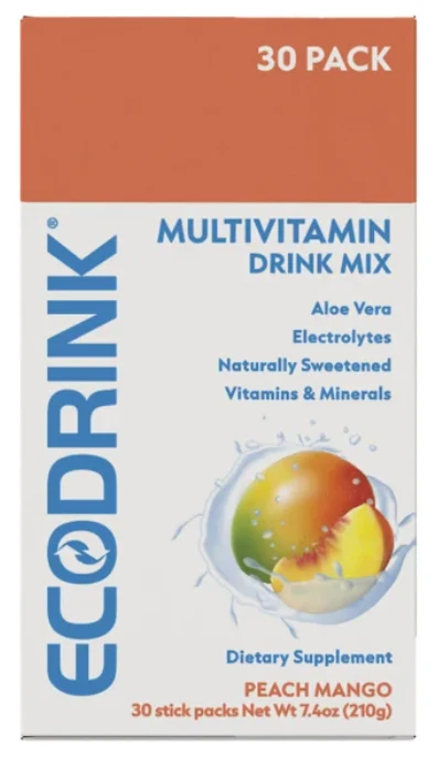EcoDrink Complete Multivitamin Drink Mix, 30 Packets, PEACH MANGO