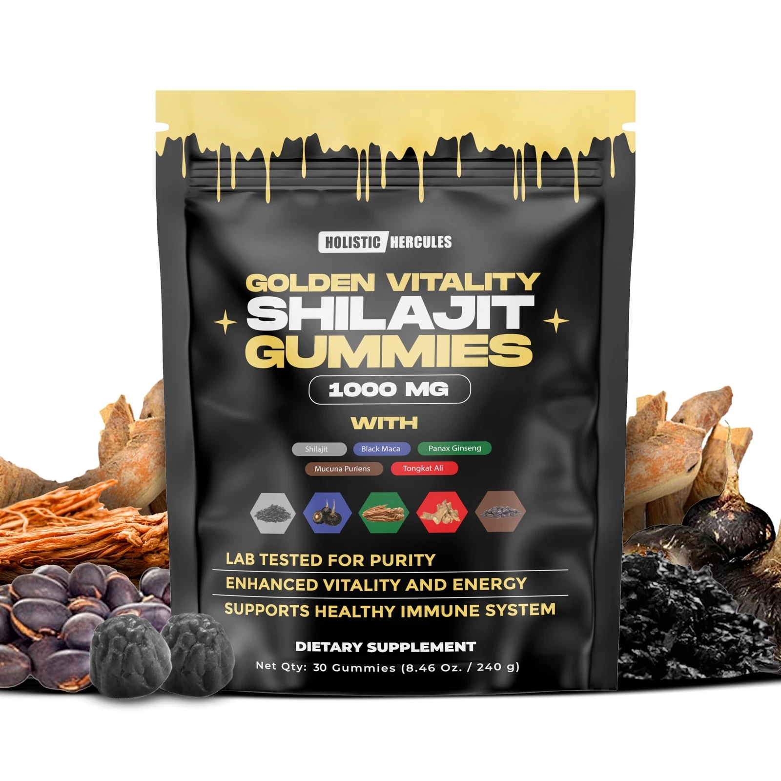 Holistic Hercules Himalayan Gold Shilajit Gummies with Ashwagandha Black Maca...