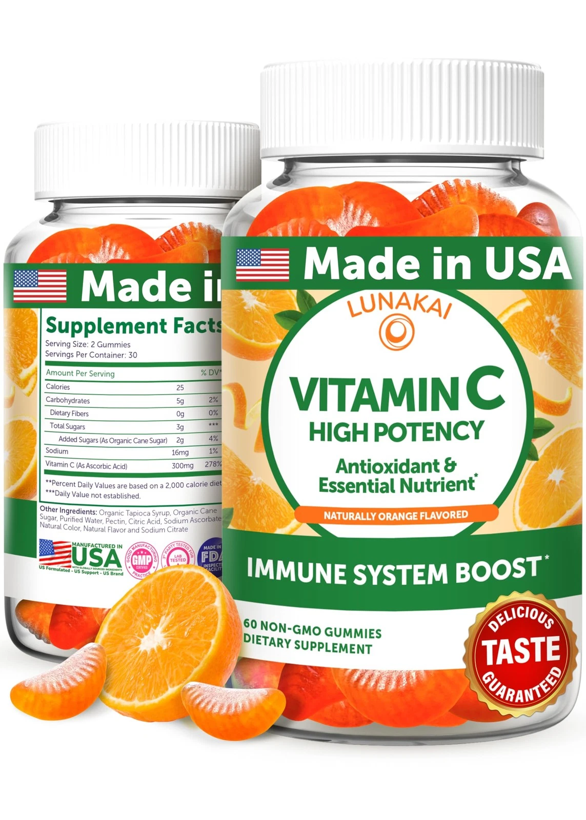 Lunakai USA Made High Potency Vitamin C Gummies for Adults and Kids - 300mg Immu