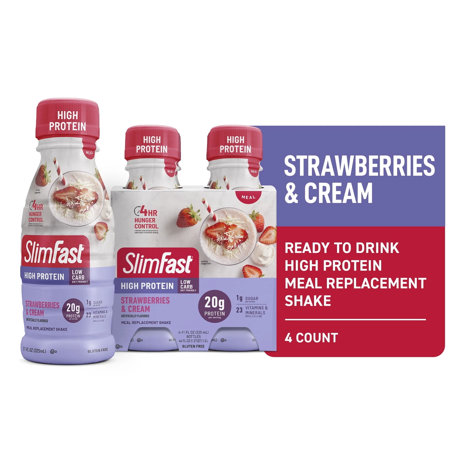 4Pk High Protein Shake Meal Replacement Shake, Strawberries and Cream, 11 Fl Oz