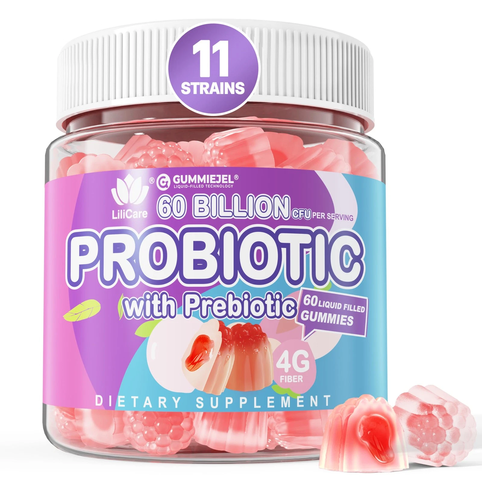 Sugar Free Probiotic Gummies 60 Billion CFU 11 Strains with Prebiotics Fiber, Pr
