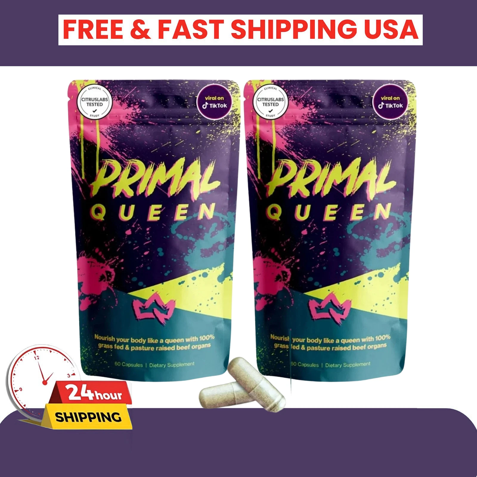 2Packs Primal Queen Beef Organ Supplement for Women 120 Counts