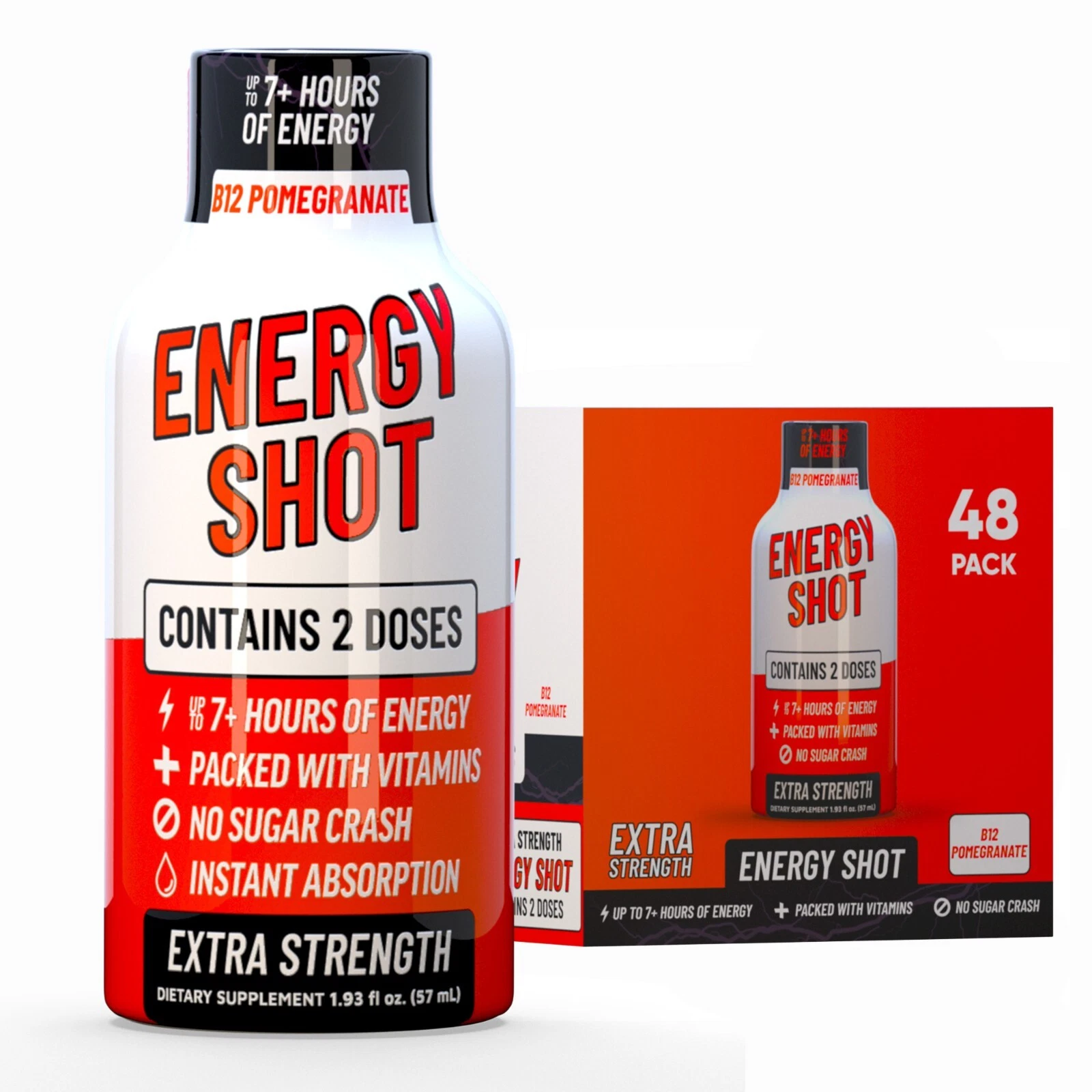 (48 Pack) GAQ B12 Energy Shots, Pomegranate, Energy Lasts Up to 7+ Hours