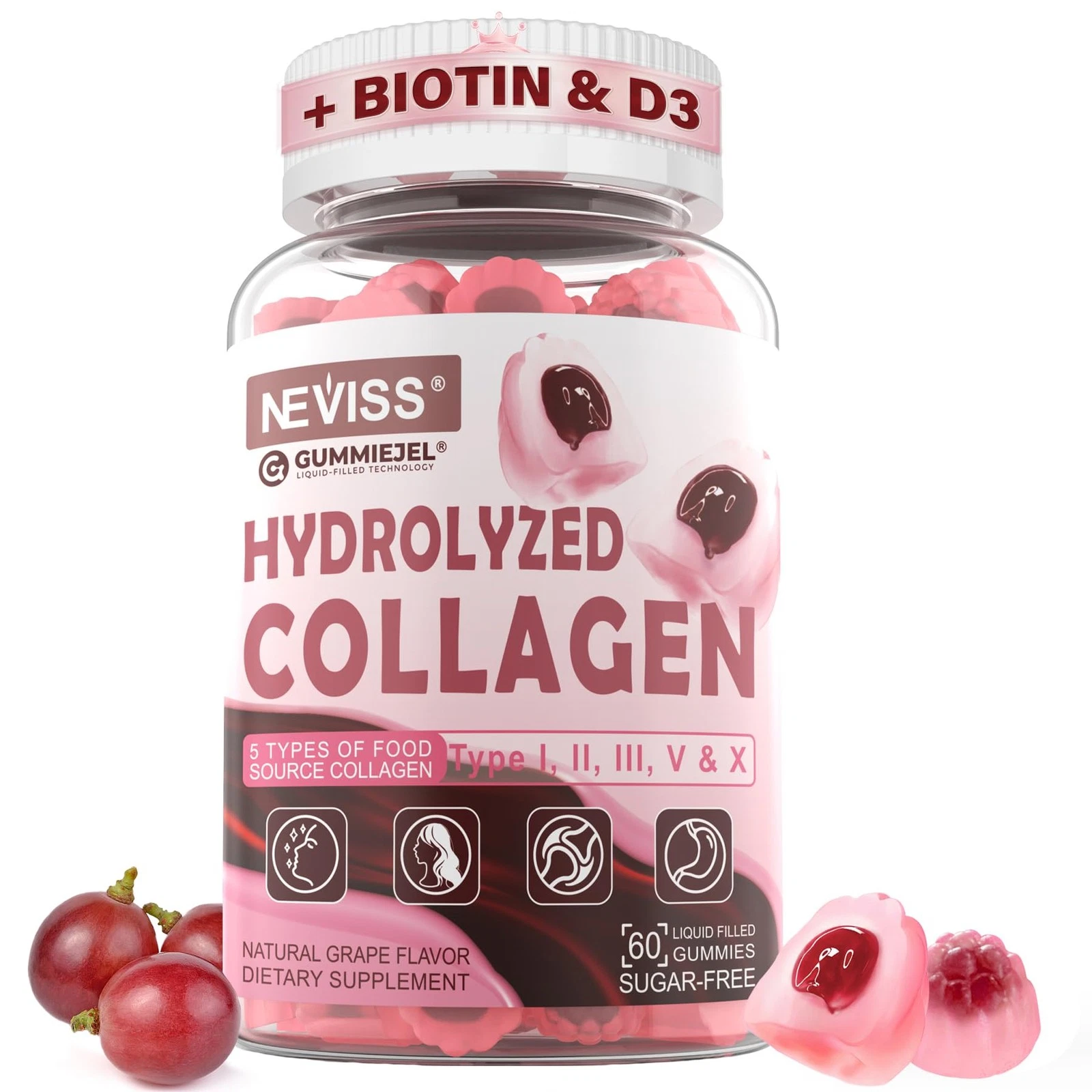Hydrolyzed Collagen Peptides Gummies for Women w/ 5000IU Vitamin D3 & Biotin Ker