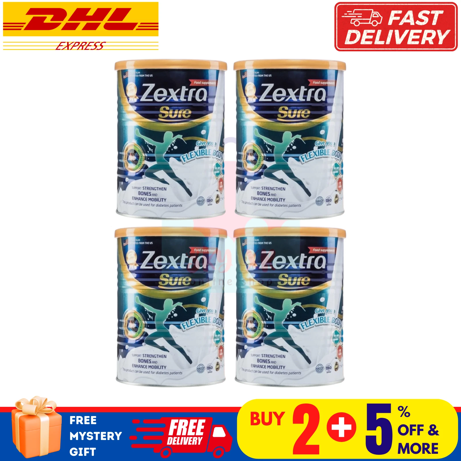 4 X Zextra Sure Milk Powder 400g Knee Back Pain Strengthen Bones 100% Original