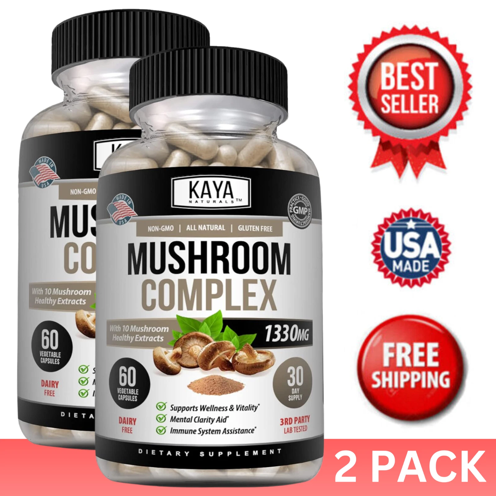 (2 Pack) Mushroom Complex Supplement, 60 capsules Lions Mane, Reishi, Shiitake