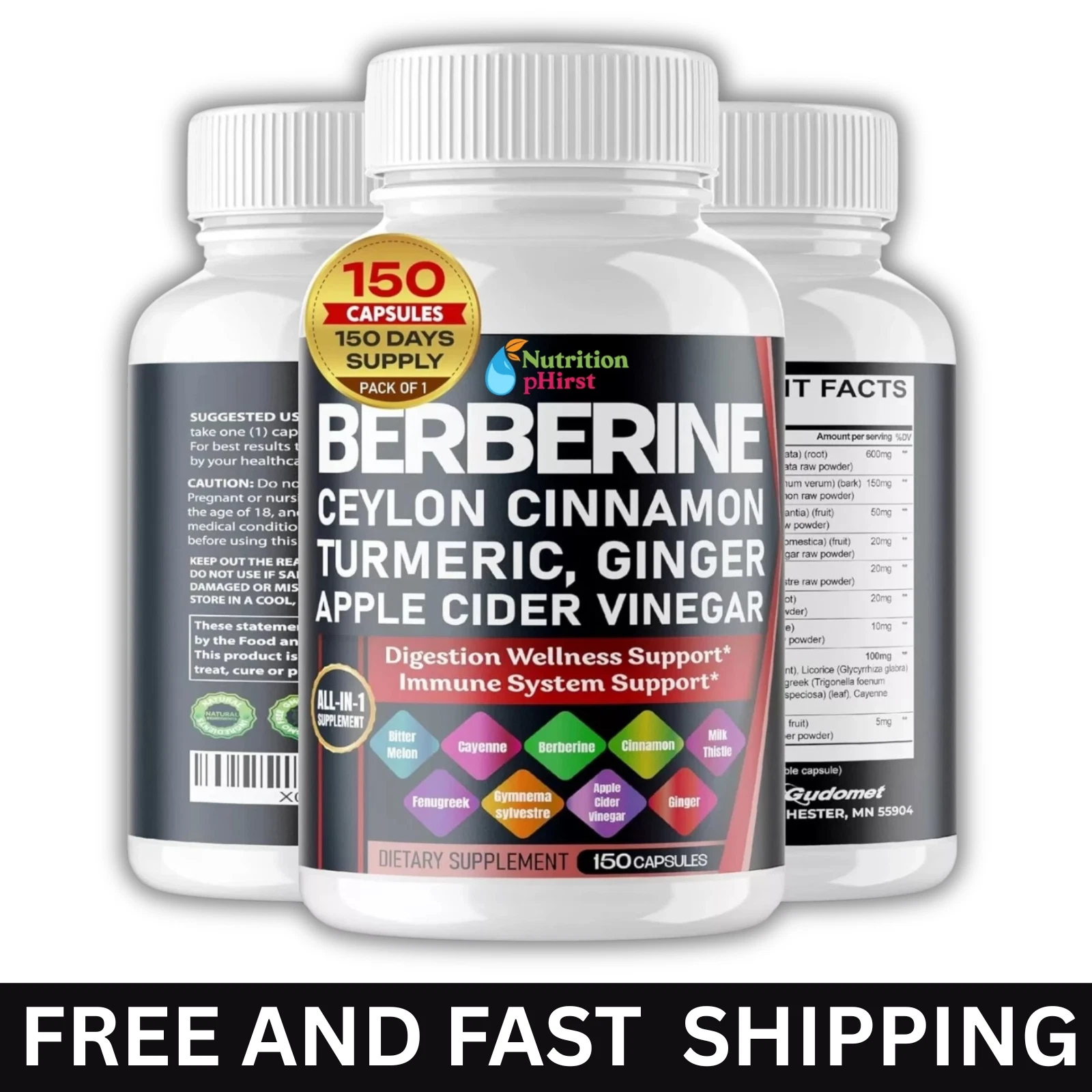 Premium Berberine with Ceylon Cinnamon 12,000mg 150 Caps Heart Health & Immune.