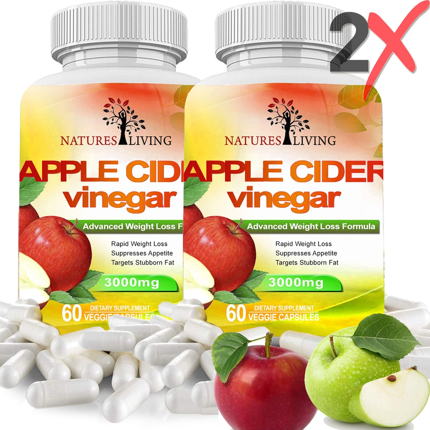 2 X APPLE CIDER VINEGAR 3000 (120 Pills) for Weight Loss & Cleanse, Energy Boost