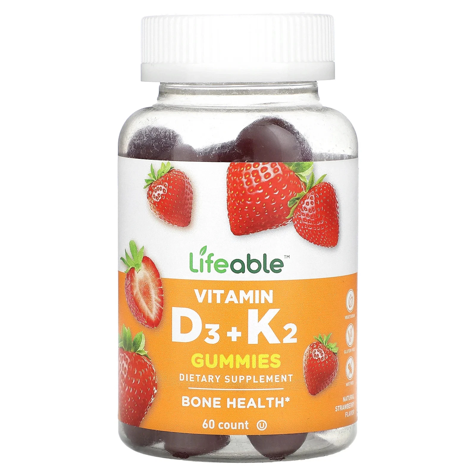 Vitamin D3 + K2 Gummies, Natural Strawberry, 60 Gummies