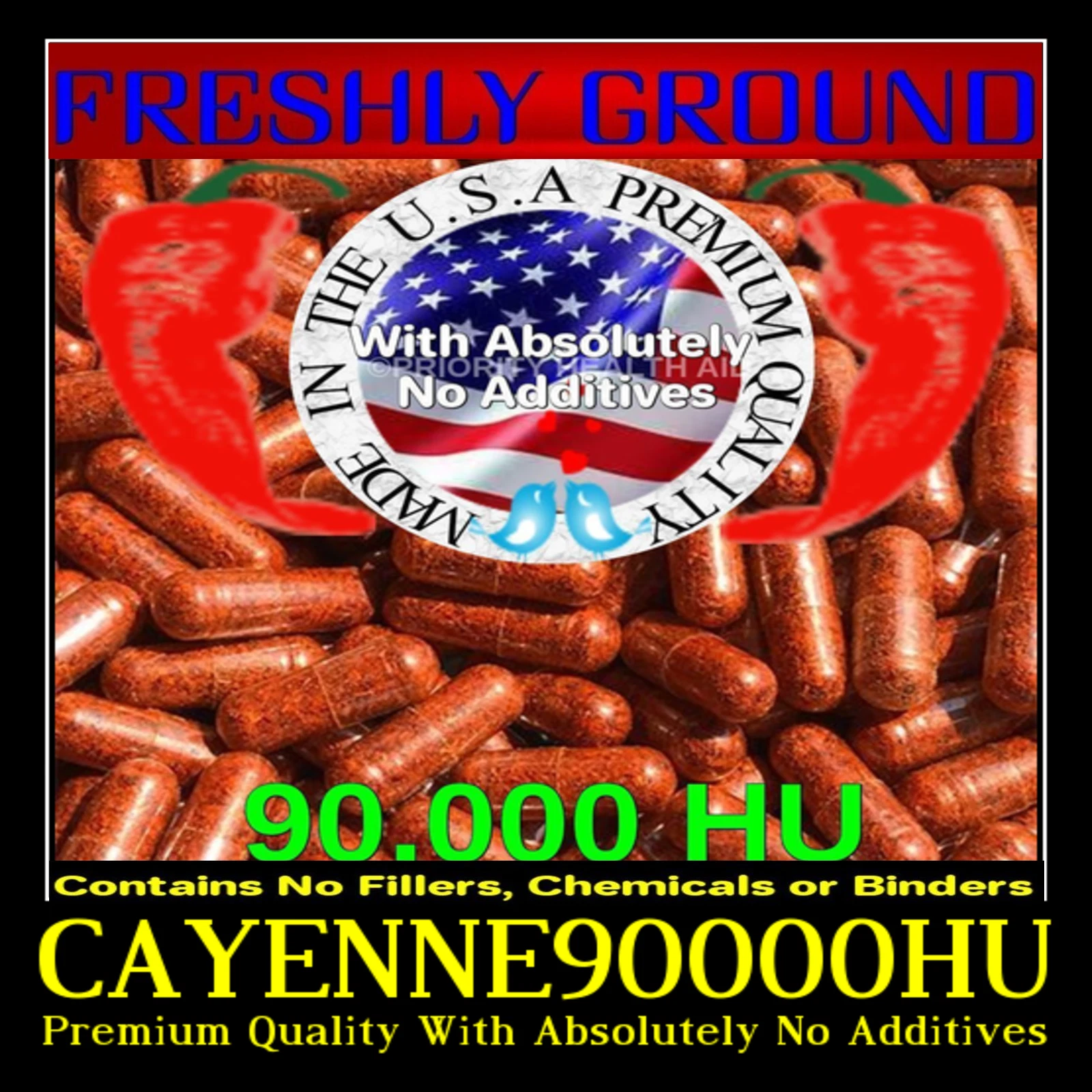 CAYENNE RED PEPPER 90,000 HU Extra High Potency No Additives 100 Veggie Capsule