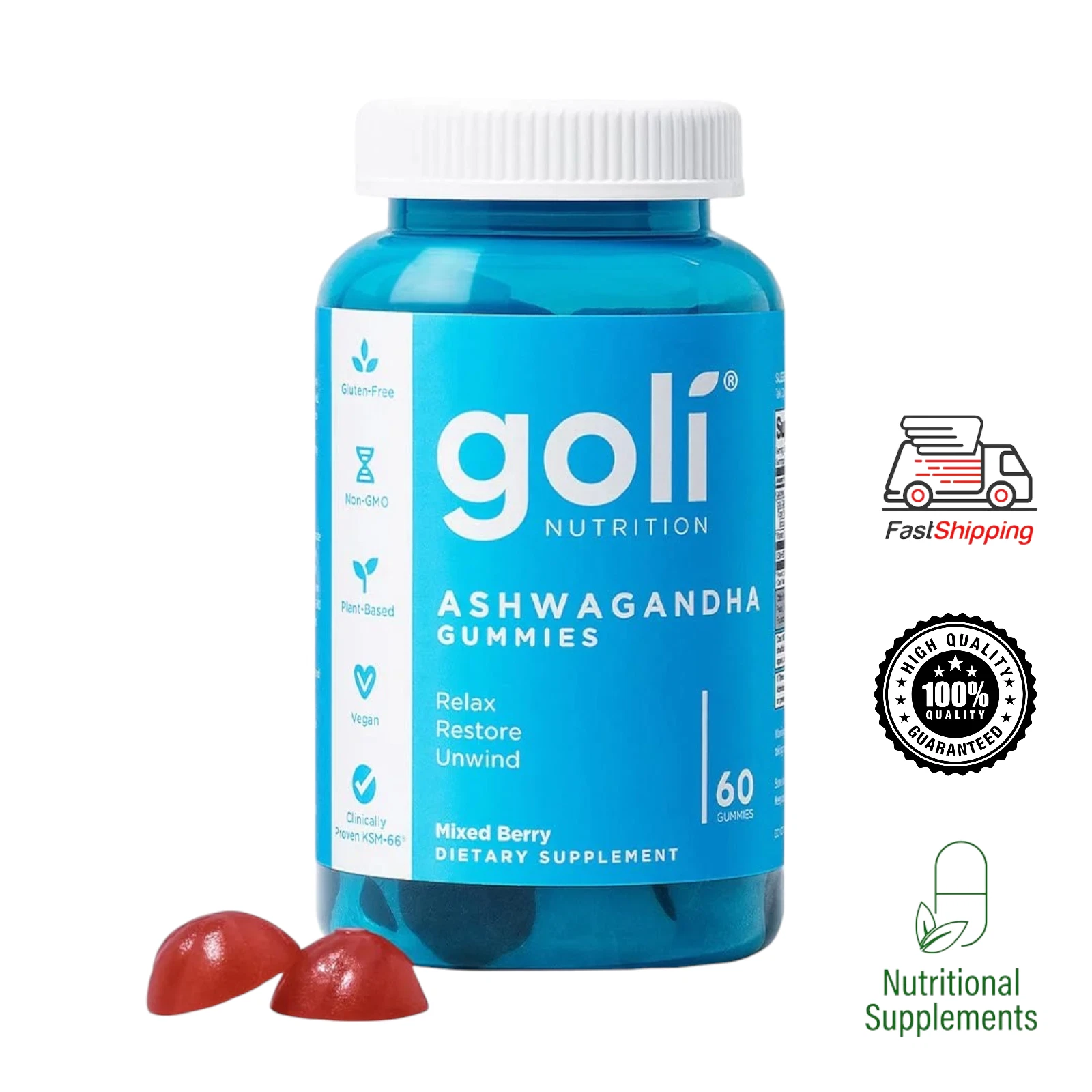 Ashwagandha Gummy Vitamins Vegan Non-GMO, Gluten Free- 60ct