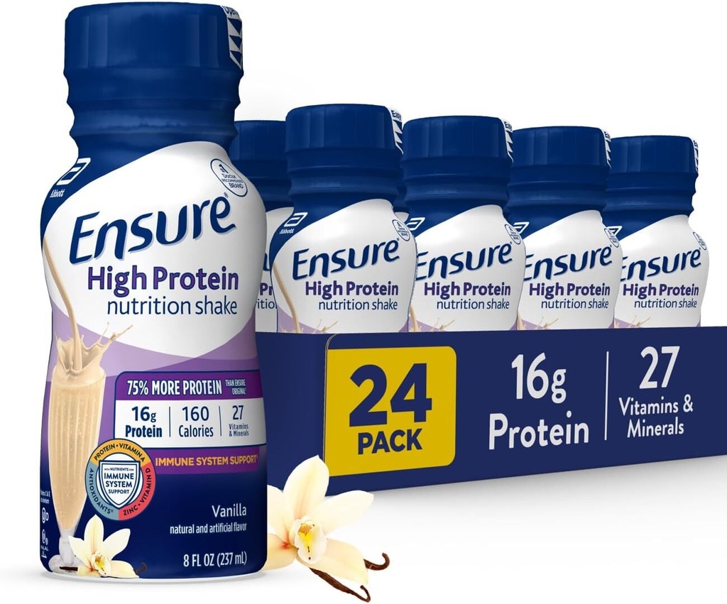 (24 Pack) Ensure High Protein Vanilla Nutrition Shake, Meal Replacement, 8 Fl Oz
