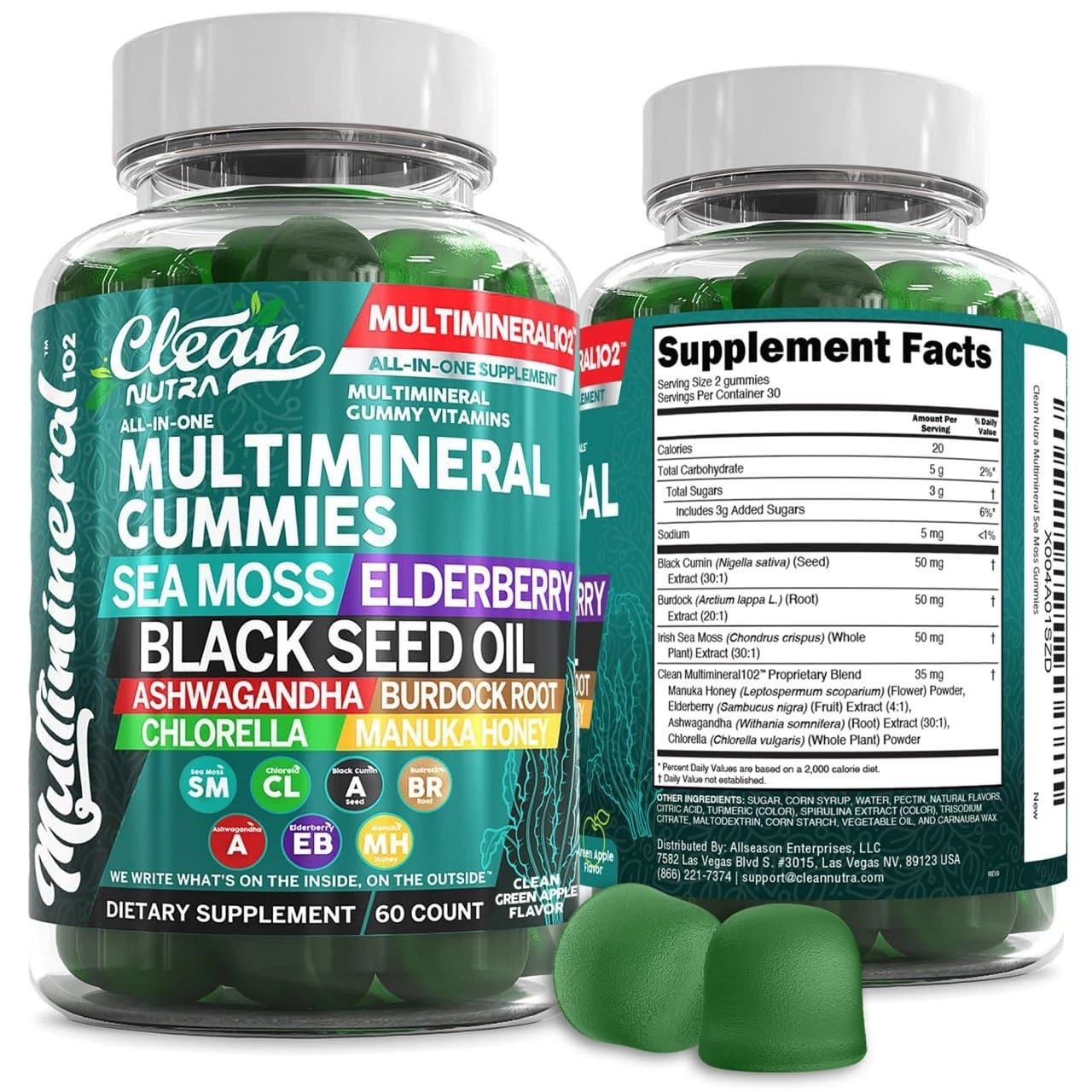 Clean Sea Moss Gummies | Black Seed Oil Ashwagandha, Elderberry, Burdock Root, C