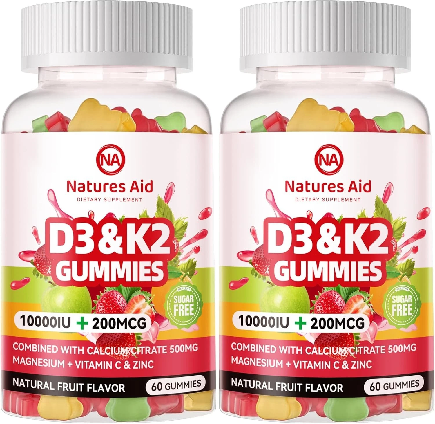 Sugar-Free Vitamin D3 K2 Gummies with Calcium + K2 (MK-7), Magnesium Citrate, Vi