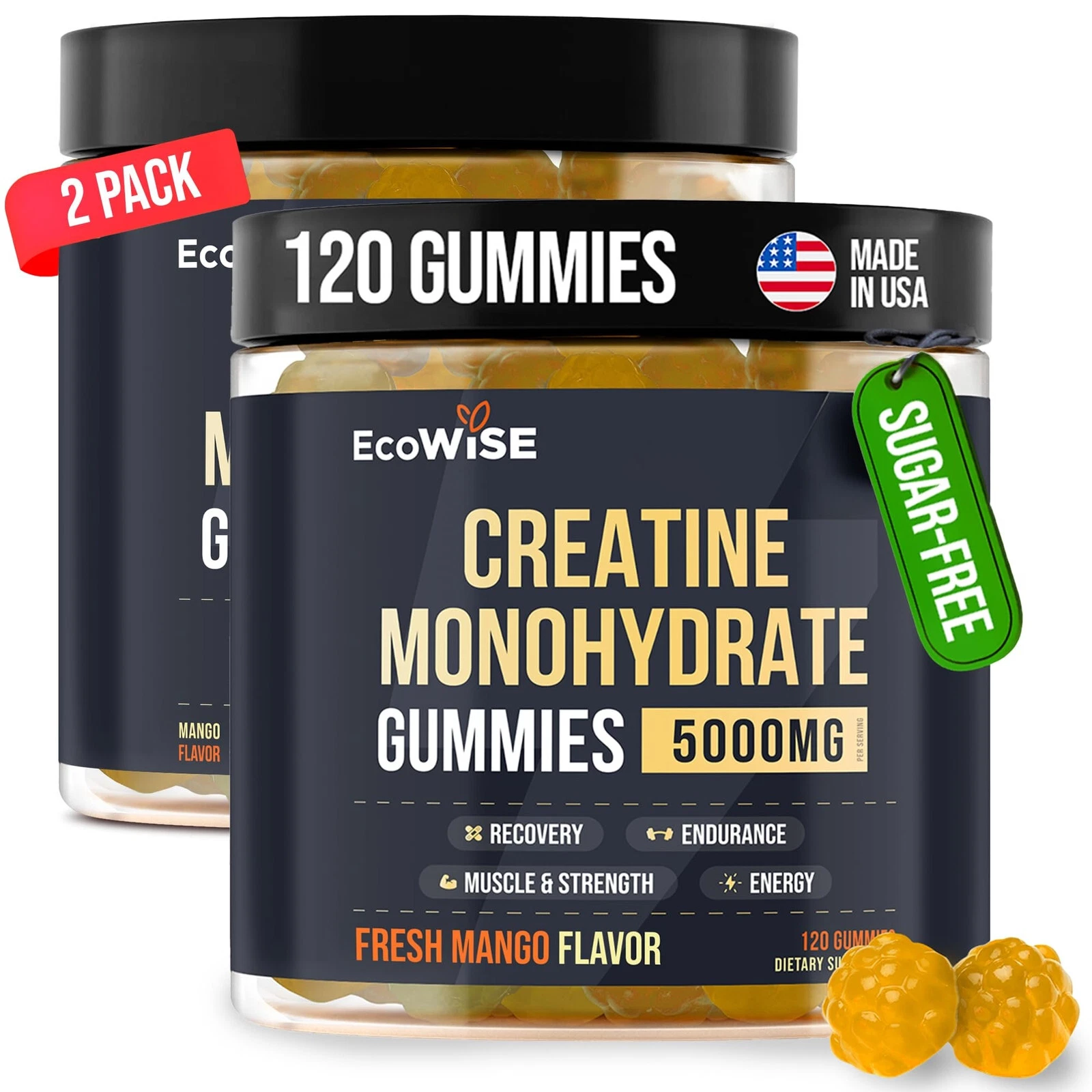EcoWise Wellness 2 Pack Creatine Monohydrate Gummies 5000 mg Fresh Mango Flav...