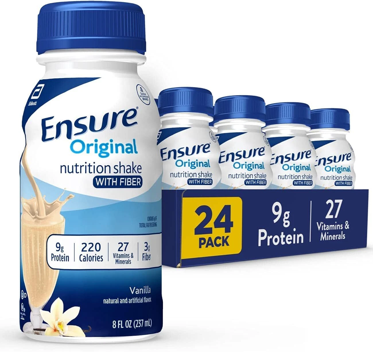 (24 Pack) Ensure Vanilla Nutrition Shake with Fiber, Meal Replacement, 8 Fl Oz