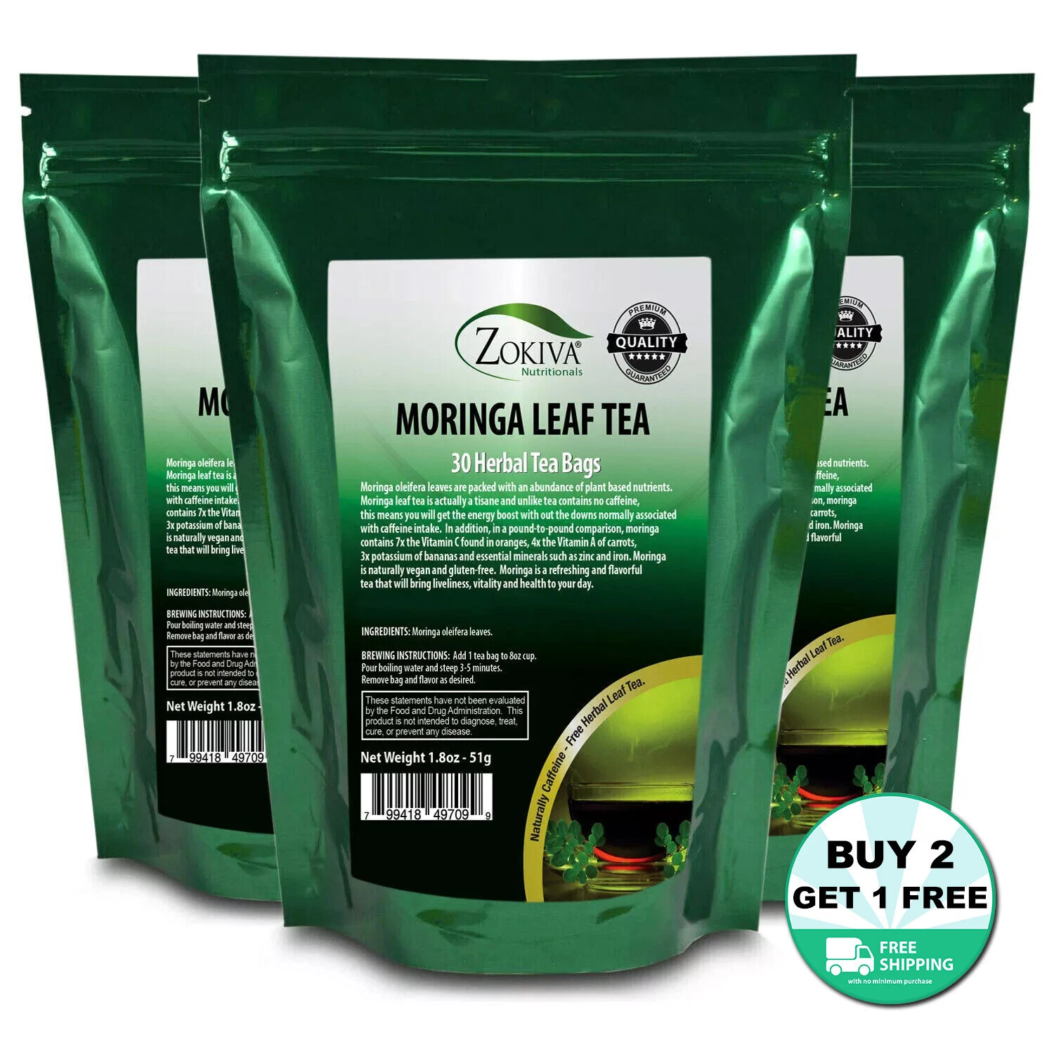 Moringa Tea 3-Pack 90 Organic Tea Bags Vegan Naturally Caffeine-Free Nutritious