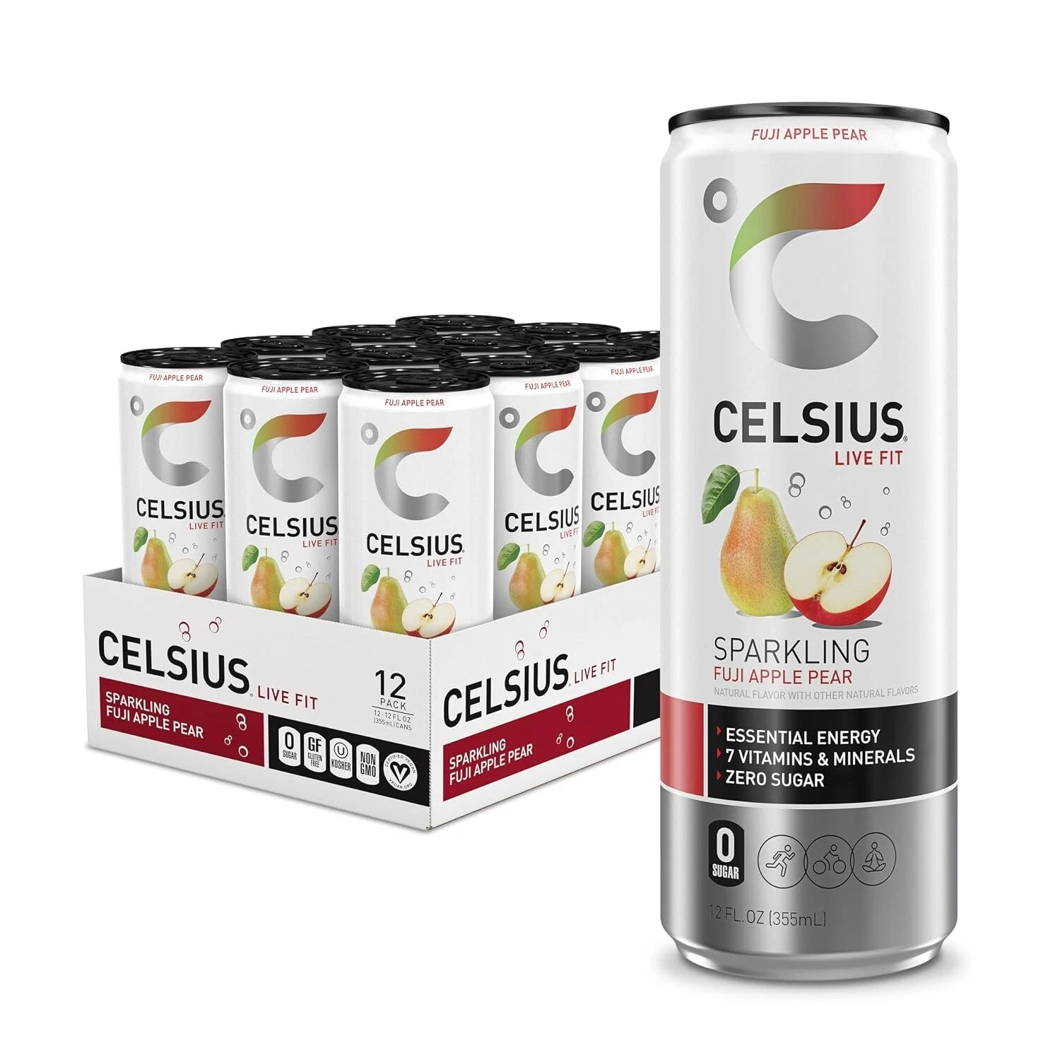 CELSIUS Sparkling Fuji Apple Pear, Functional Essential Energy Drink 12 Fl Oz (P