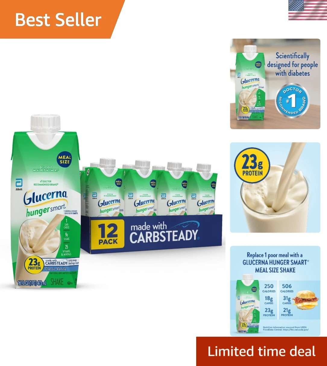 Low Glycemic Protein Shake - Vanilla Flavor, 23g Protein for Diabetics, 12 Pack