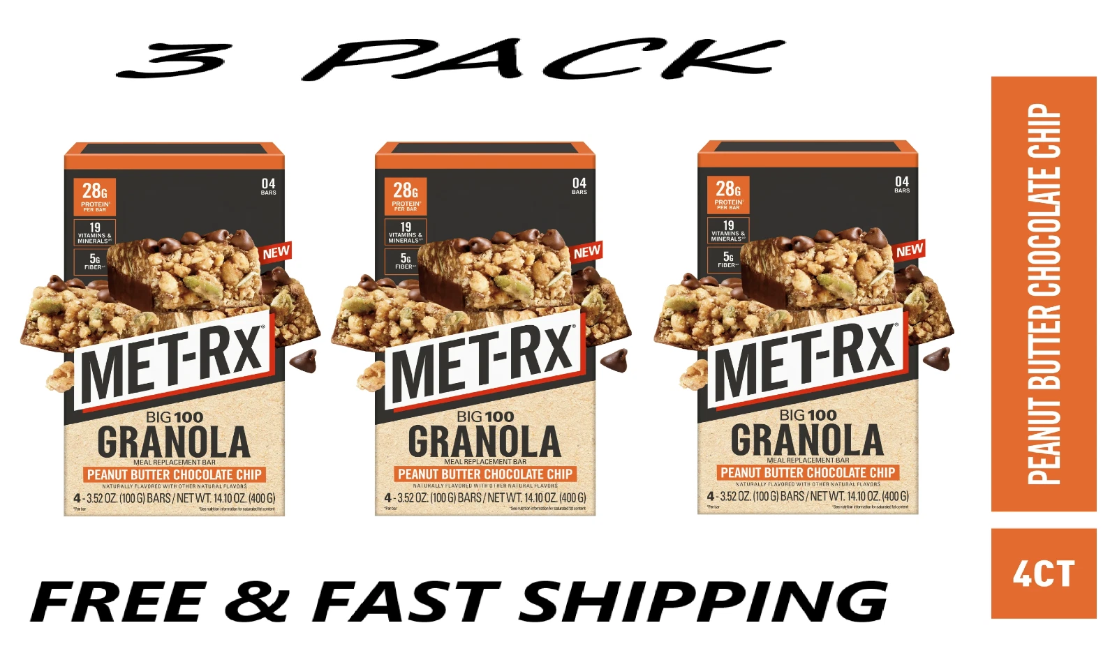 (3 PACK) MET-Rx Big 100 Protein Bars, Granola Peanut Butter Meal Bars, 4 Count.