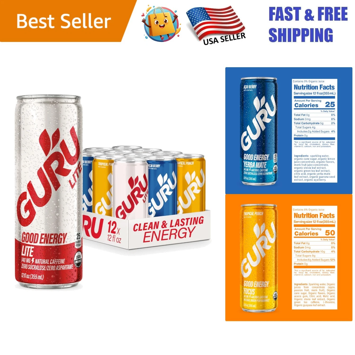 Organic Energy Drinks Variety Pack - 12 Cans of Plant-Based Natural Energy