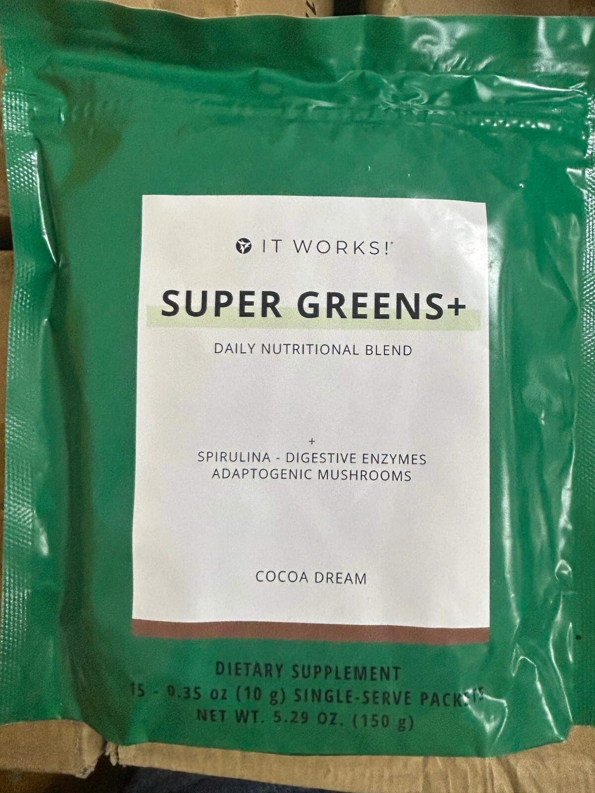 It Works Super Greens+ Spirulina Digestive Enzymes Mushrooms Cocoa Dream 15 pkts