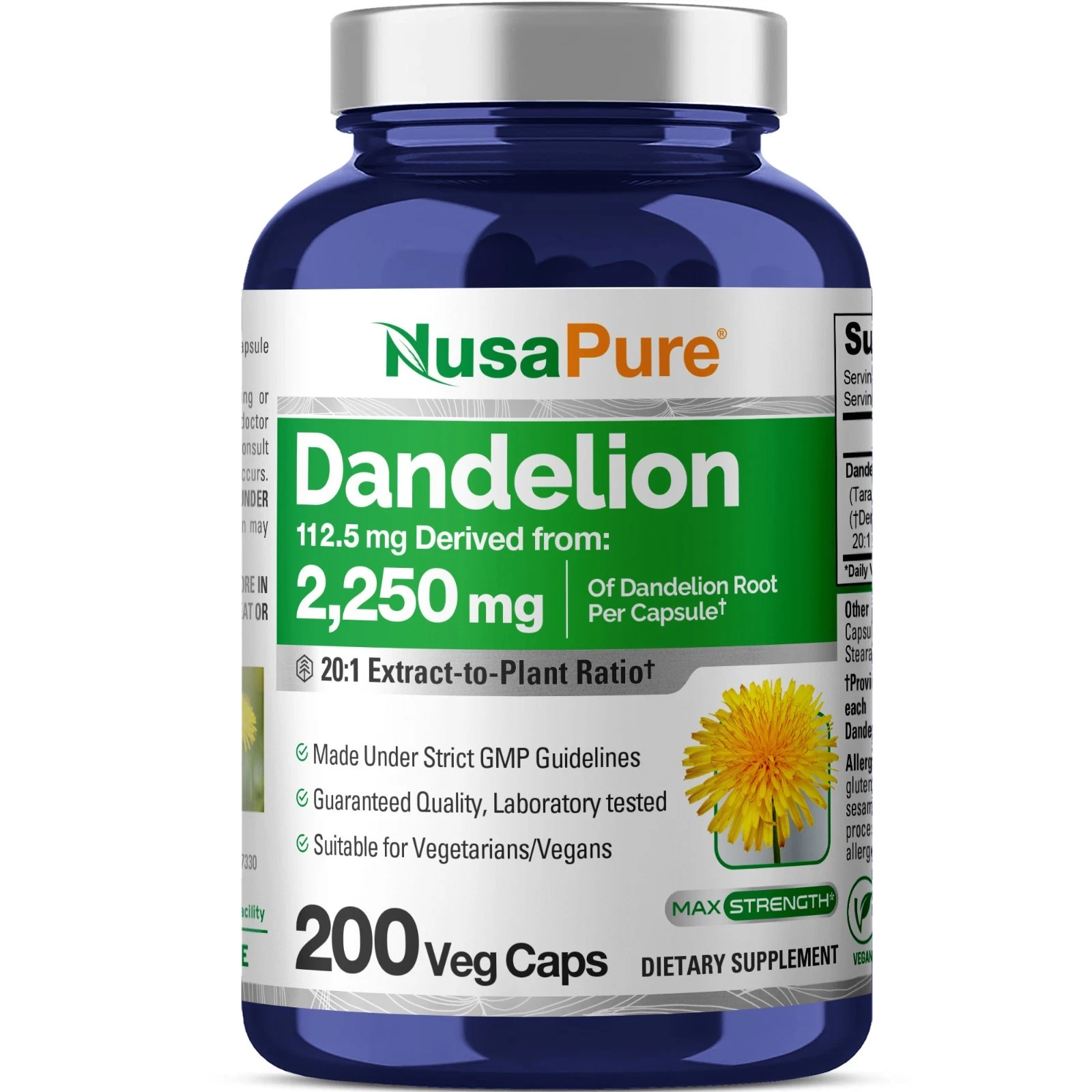 NusaPure Dandelion Root 20:1 Extract, 112.5 mg Equivalent to 2,250 mg 200 Veggie