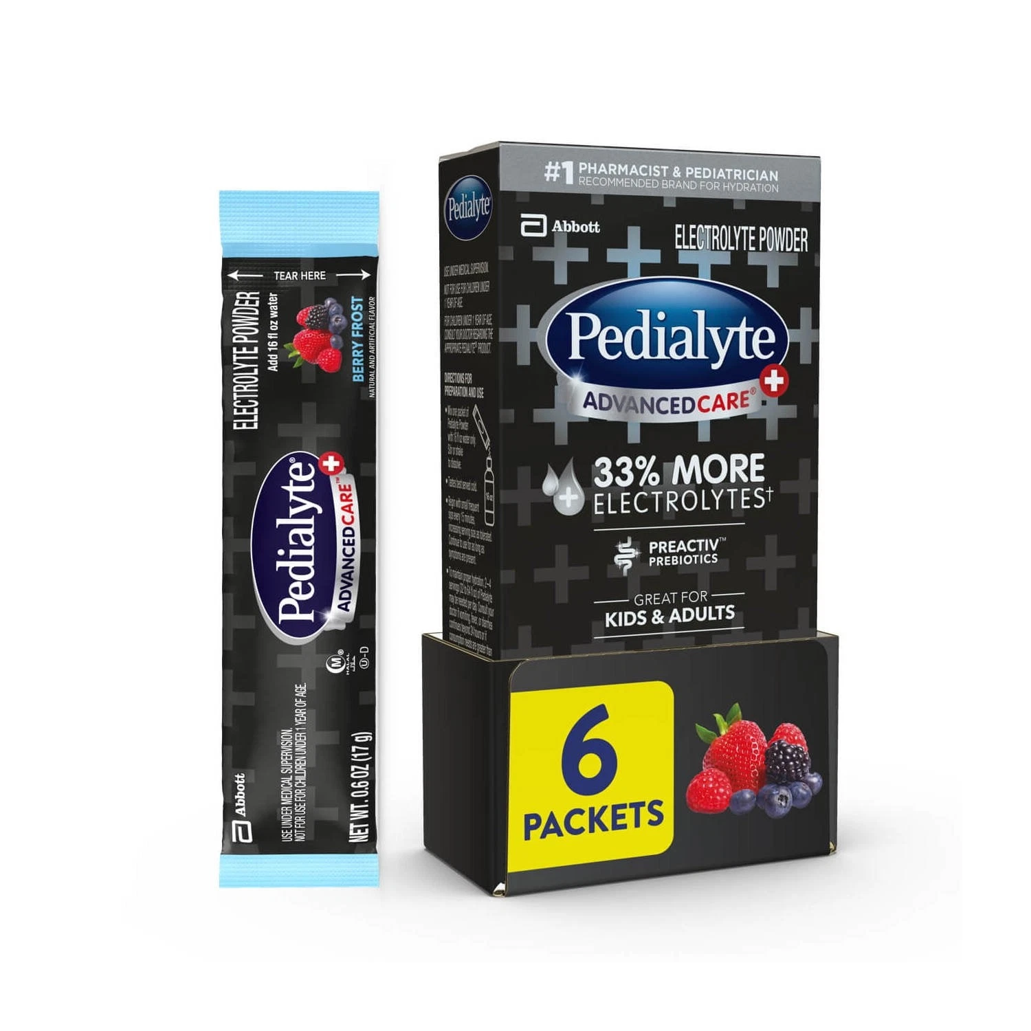 Pedialyte AdvancedCare Plus Electrolyte Powder, Berry Frost, 6 Powder Packets
