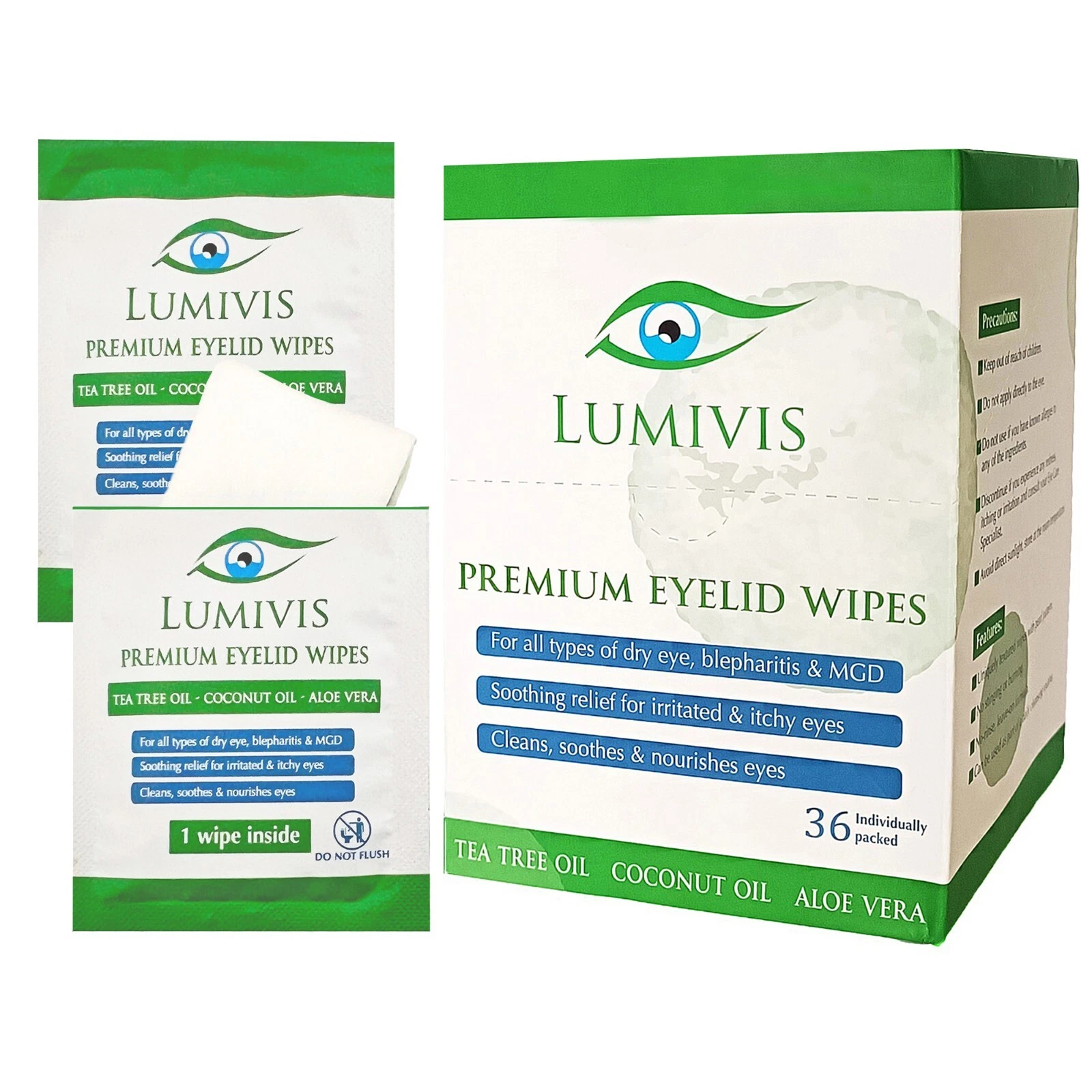Lumivis Tea Tree Oil Eyelid Wipes, 36 Individually Wrapped Pads - Daily Eye Care