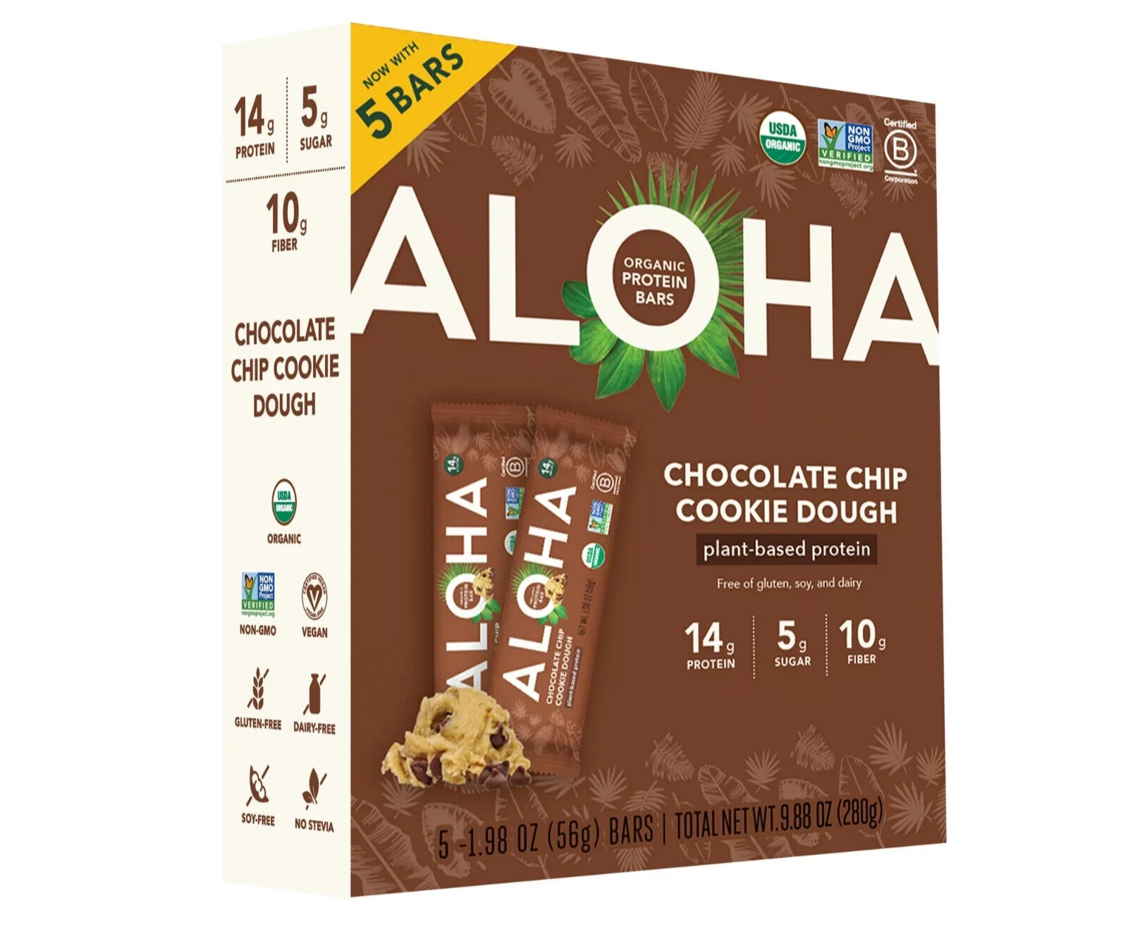 ALOHA Plant Based Protein Bars, Chocolate Chip Cookie Dough, 14g Protein (Pack .